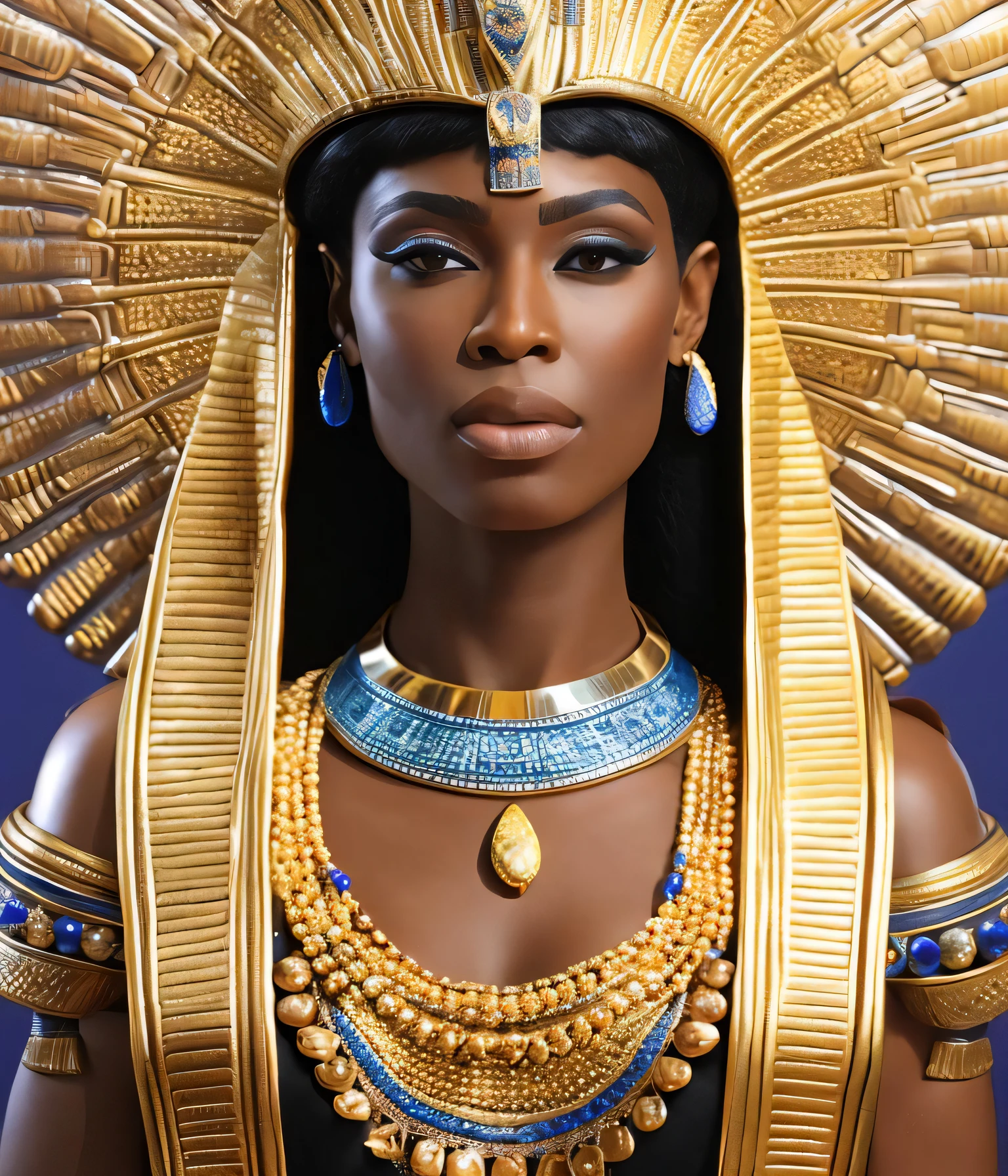 a realistic detail of a beautiful black female model wearing an Egyptian pharaoh goddess costume, royal Egyptian clothing, medium range portrait, highly detailed, sharp focus, masterpiece, commissioned, (professional hands), professional anatomy, color corrected, edited in post, (redshift style, classicnegative:1.2)