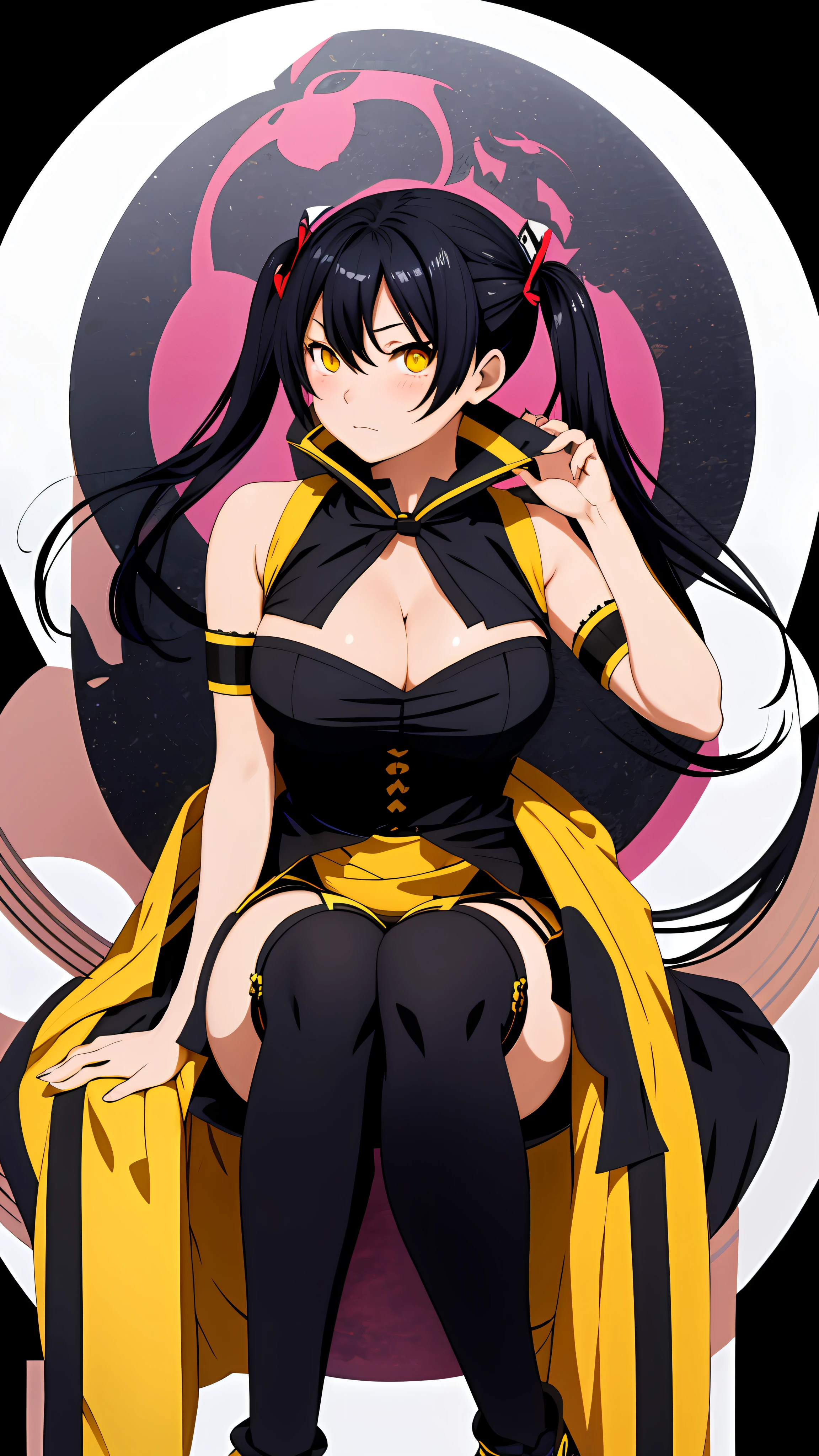(tamaki kotatsu), Sexy, from above, facing viewer, face close up, cleavage, yellow eyes, black hair, twintail, busty, solid background, full body, 8k, absurd quality, beautiful face, hands out of frame,absurd res, high res, (masterpiece:1.4), ultra-detailed, 1girl, from front, jumping, stockings, black hair, heart shape eyes, yellow eyes, garter belt, yandere, twintail