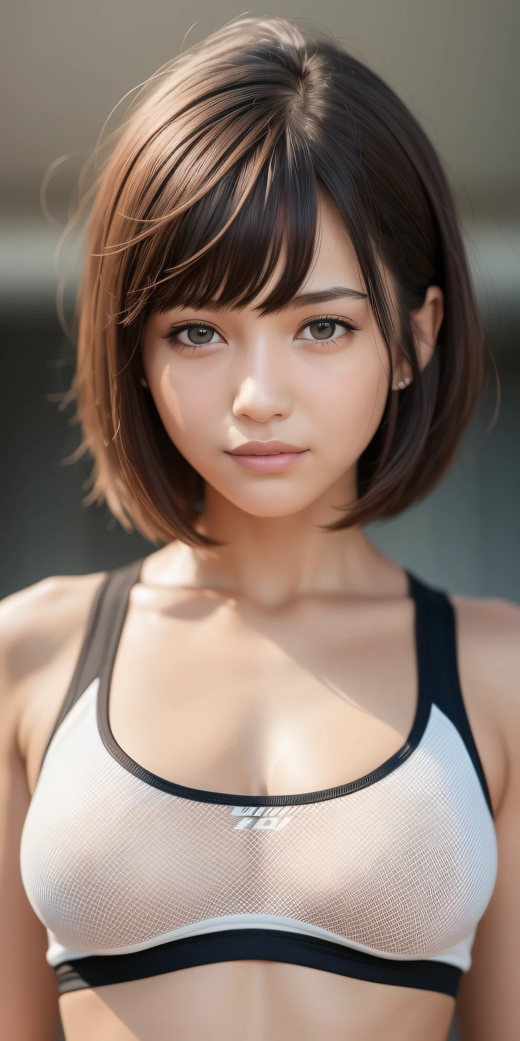 zydG, 1girl, delicate skin, looking at the audience, brown eyes, (bangs short hair:1.2), (room:1.0), (halo:0.8), parted lips, teeth, smile, (facial focus: 1.4), close-up,
(Realistic:1.4), (Best Quality:1.0), (Ultra High Resolution:1.0), 8K, RAW Photo, (Masterpiece:0.2), (Sportswear:1.5), Portrait, Big Breasts,
（pureerosface_v1：0.5）