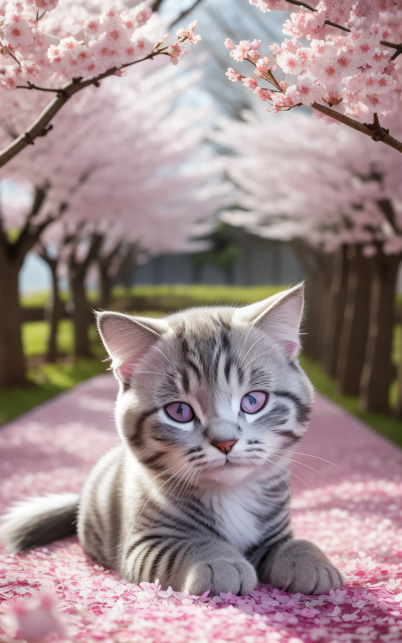 A silver-furred Scottish Fold is sleeping on top of cherry blossom petals. Its round face and folded ears beautifully harmonize with the spring scenery.