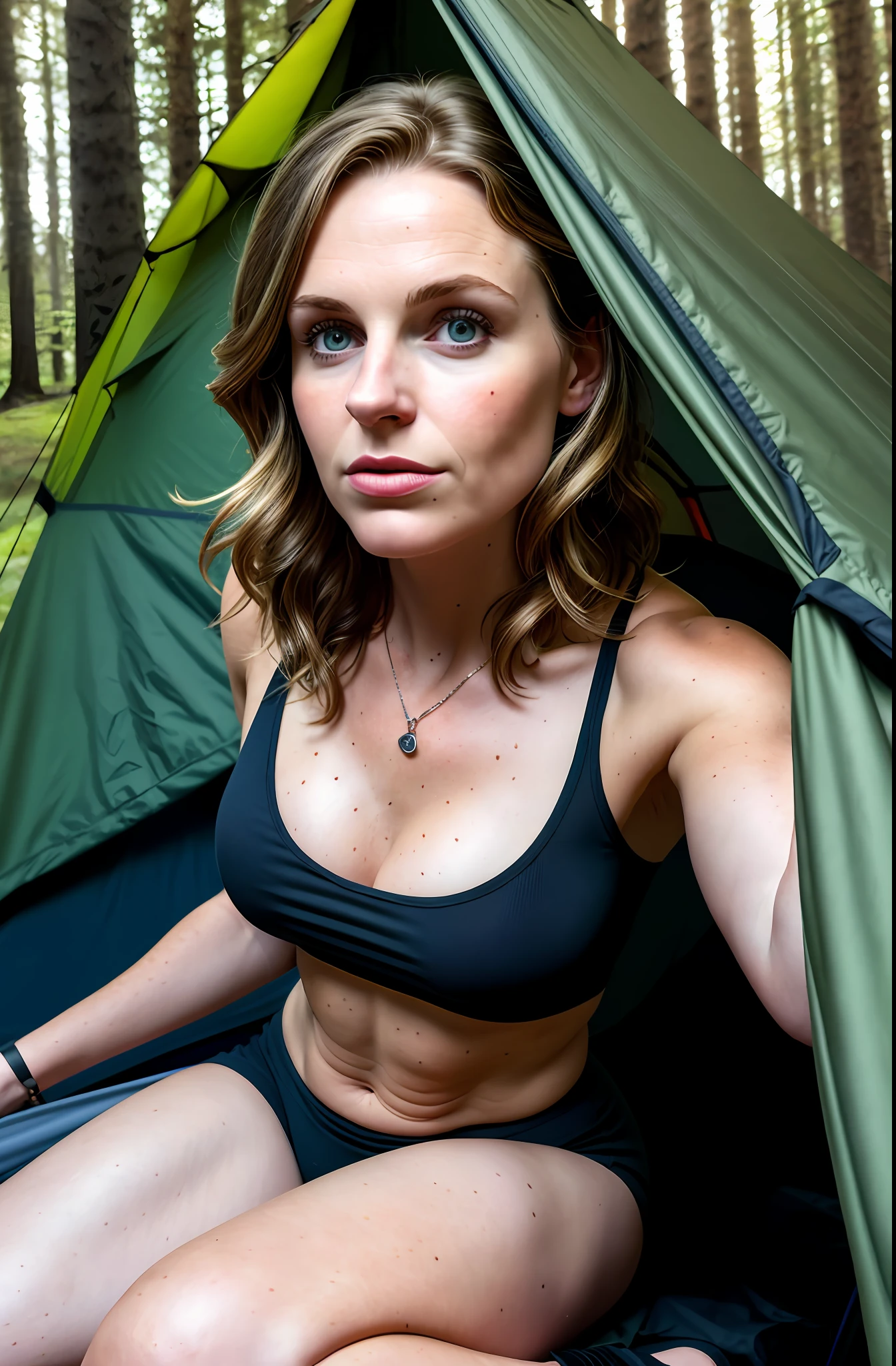 35-years-old woman, ((sitting in a camping tent, in the dark woods)), (spooky forest), (frightened face)), slim (show natural huge cleavage to viewer), (clothes: tank top and torn leggings), toned stomach, photorealistic, photography, masterpiece, realistic, realism, photorealism, high contrast, photorealistic digital art station 8k HD high definition details realistic, detail, skin texture, ultra detail, realistic skin texture, armature, best quality, ultra high definition, (photorealistic:1.4),, high resolution, detail, raw photo, sharp re, by Lee Jefferies Nikon D850 film stock photo 4 Kodak Portra 400 Camera F1.6 lens rich colors Ultra realistic textures Dramatic lighting Unreal Engine Trending at Art Station Cinestill 800