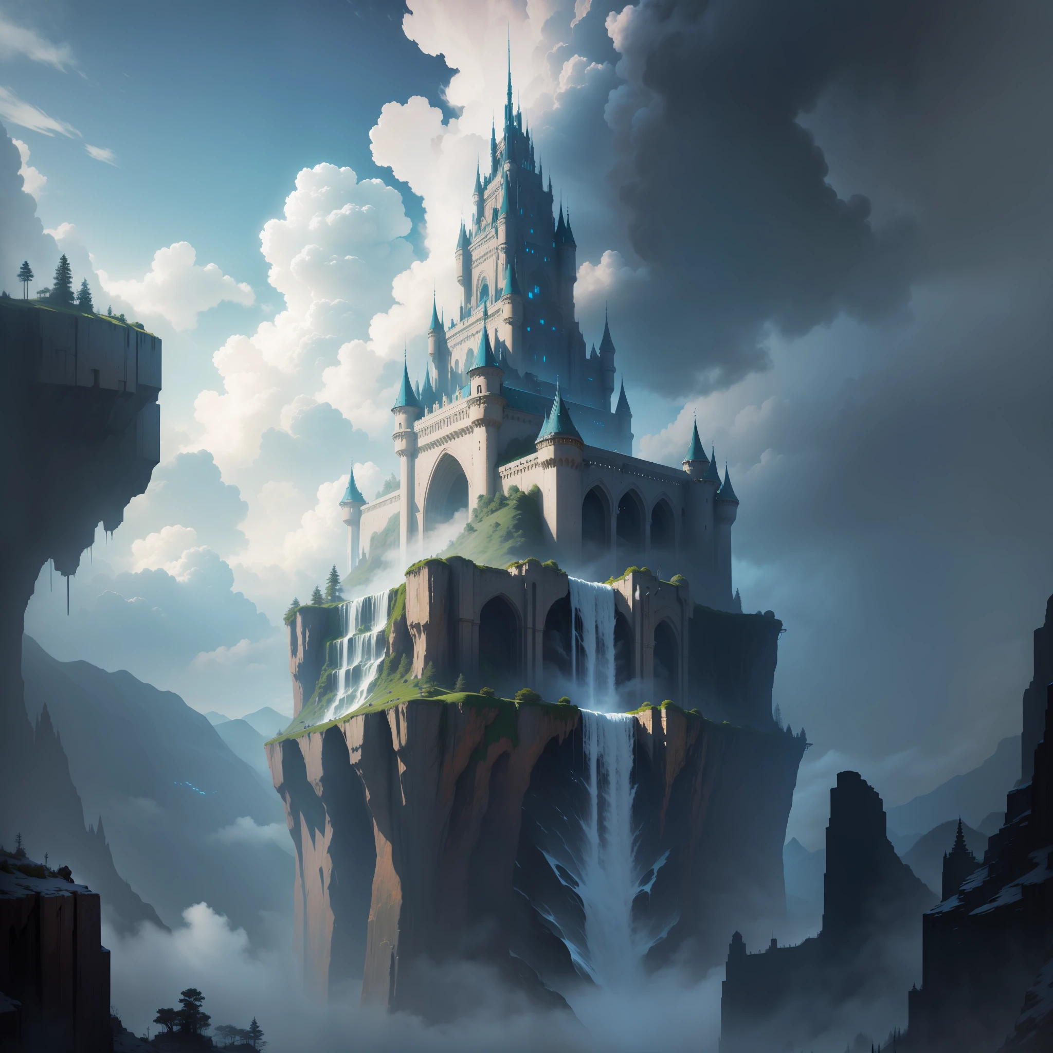 Super Huge Castle Pierce Through the Clouds Nature Top Quality Masterpiece Giant Waterfall Cyberpunk Just Huge Big Scale Sci-Fi
