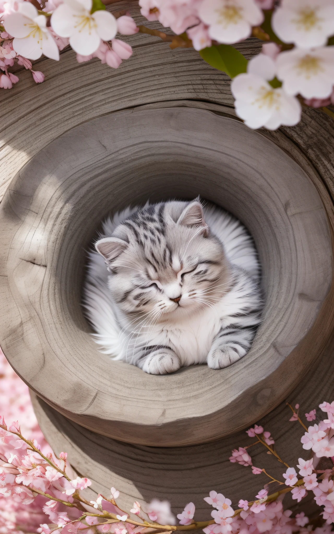 A silver-furred Scottish Fold is sleeping on top of cherry blossom petals. Its round face and folded ears beautifully harmonize with the spring scenery.