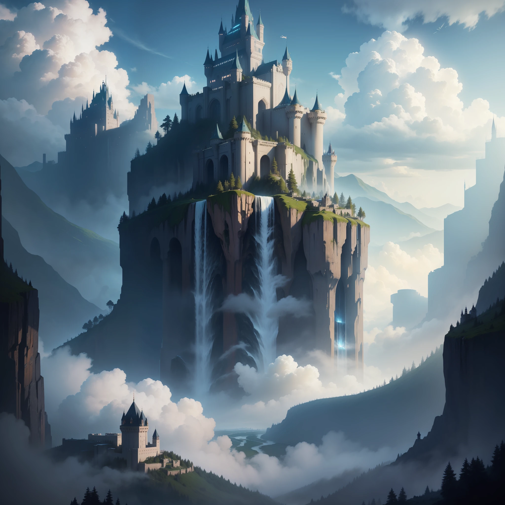 Super Huge Castle Pierce Through the Clouds Nature Top Quality Masterpiece Giant Waterfall Cyberpunk Just Huge Big Scale Sci-Fi