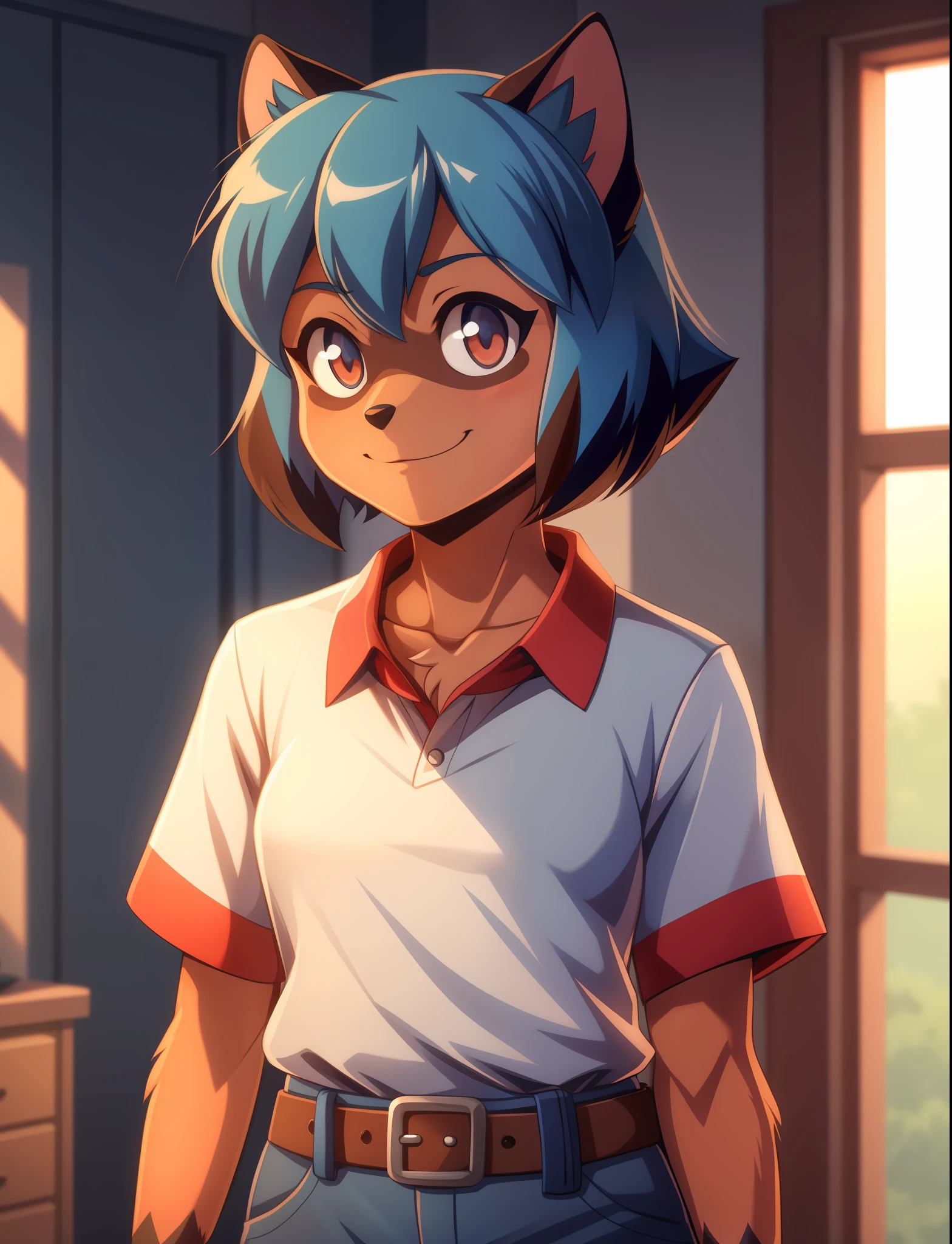 michiru_kagemori, michiru, furry, anthro, (facial_mark:0.5), solo, smile, looking_at_viewer, short_hair, indoors, belt, dark_skin