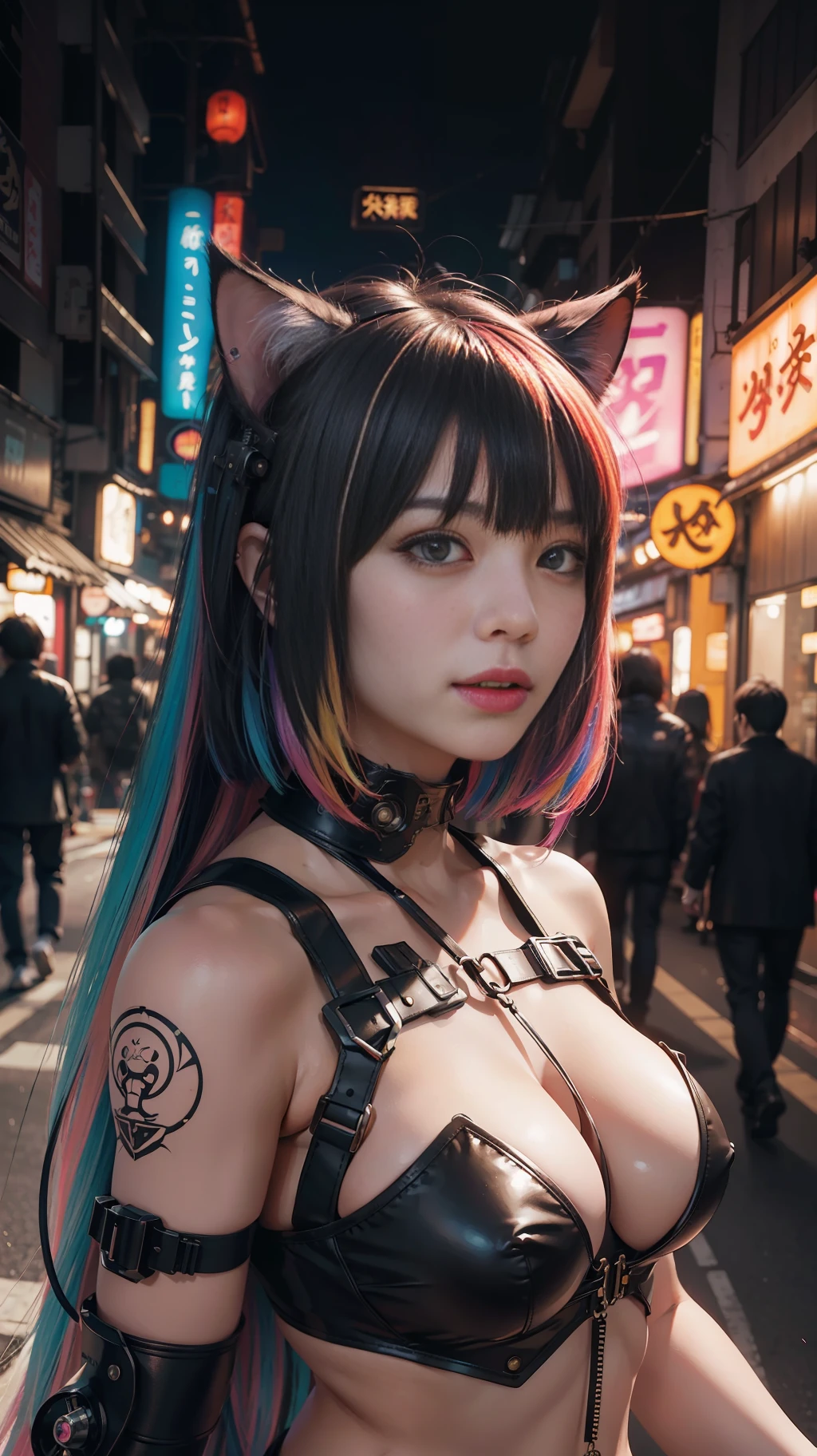 hyperrealistic close up portrait photograph of laughing cyberpunk nekomata catgirl in a crowded Japanese street, wearing BDSM body harness , fringe cut and bangs hairstyle, insane details, detailed designs, glowing colorful circuitry, colorful neon trim, cinematic lighting, rim lighting, f/2.8