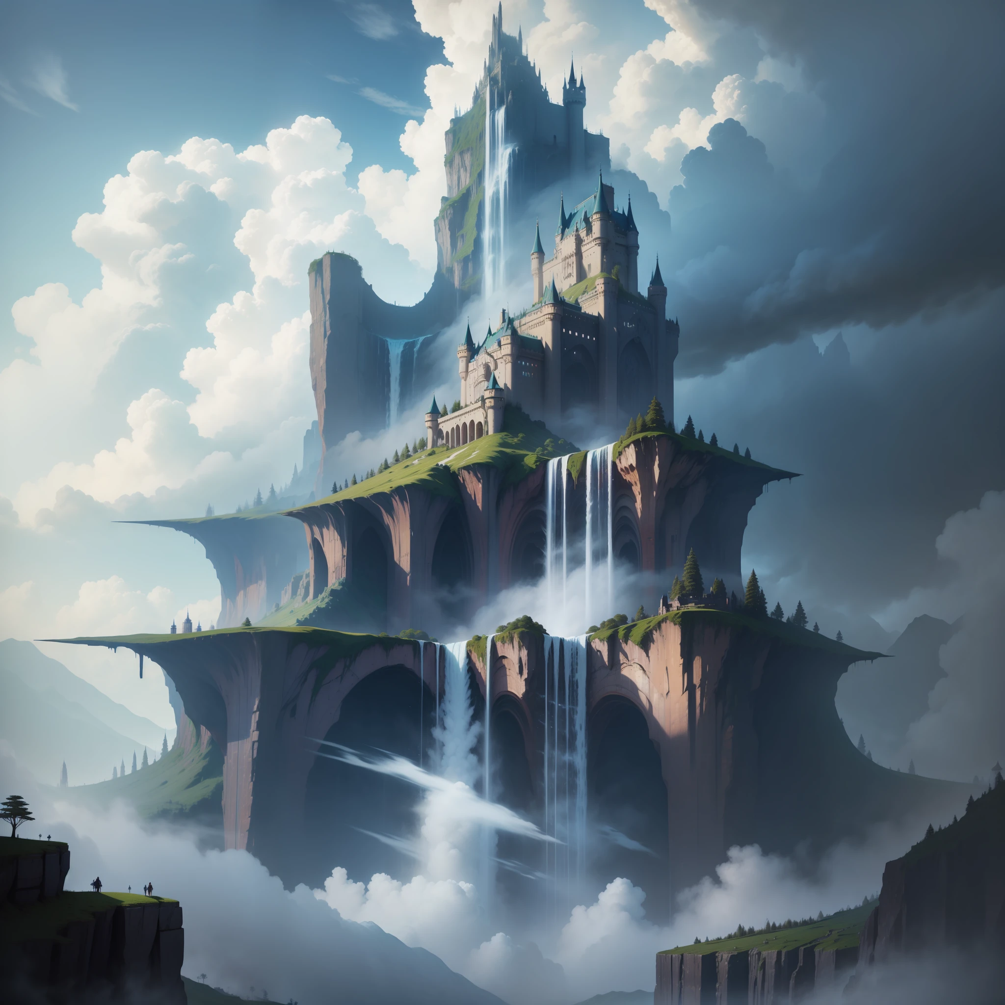 Super Huge Castle Pierce Through the Clouds Nature Top Quality Masterpiece Giant Waterfall Cyberpunk Just Huge Big Scale Sci-Fi