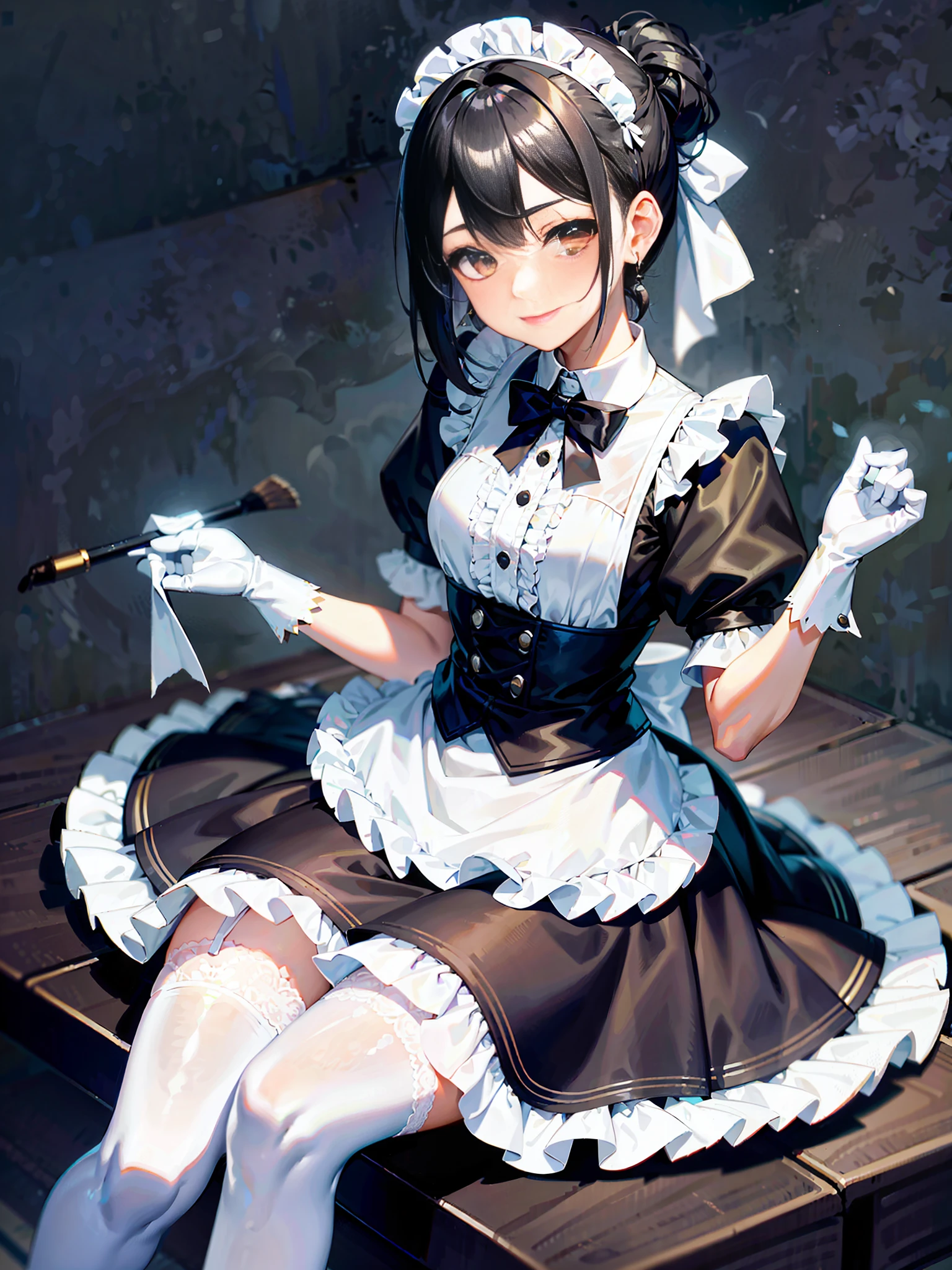 Painted smoky makeup, eye shadow, maid girl, silky hair, wearing hair accessories and earrings, sweet smile. She wore a maid skirt, white stockings on her feet, and lace gloves. The scene is random.