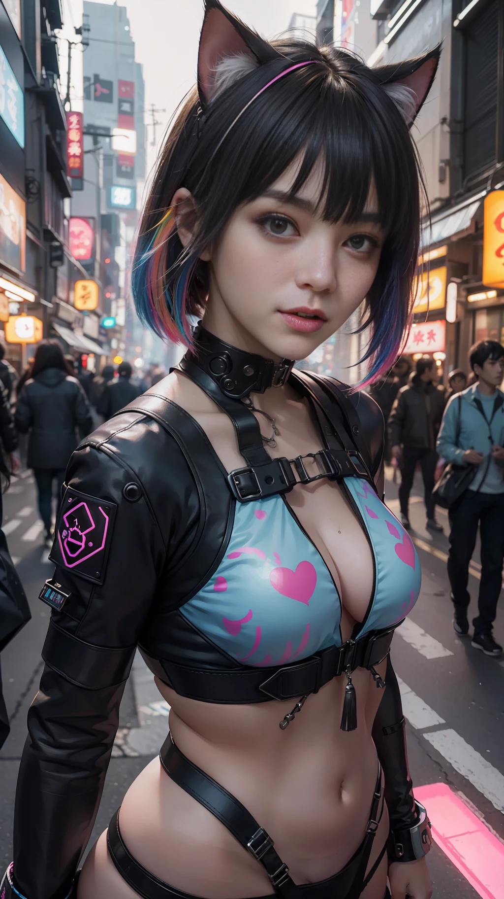 hyperrealistic close up portrait photograph of laughing cyberpunk nekomata catgirl in a crowded Japanese street, wearing BDSM body harness , fringe cut and bangs hairstyle, insane details, detailed designs, glowing colorful circuitry, colorful neon trim, cinematic lighting, rim lighting, f/2.8