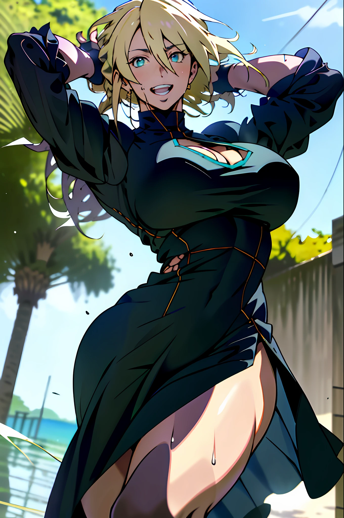 best quality, masterpiece, ultra high res, detailed background, realistic, 1girl, solo, female, muscular, mature female, long hair, blonde, makeup, purple lipstick, standing, open arms, open legs, sticky dress, open mouth, huge smile, expression of fascination, surprise, square, real shadow and light, depth of field, huge breasts, torn dress, looking at the viewer, sunglasses falling, strong wind in the face, strong wind in the hair, loose hair, Konosuba, green eyes, sweaty, wet