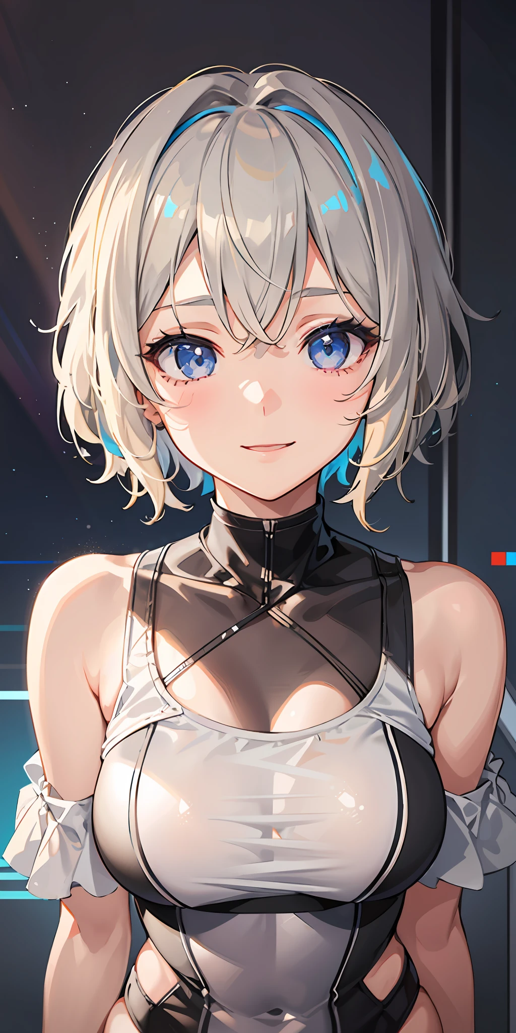 1girl, bright, blonde, gray gradient blonde, gray mesh blonde, short hair, light blue eyes multicolored hair, saleme, side light, light particles, wallpaper, big, plump, idol, swimsuit, loose fluffy, smile, gentle, clear, loli