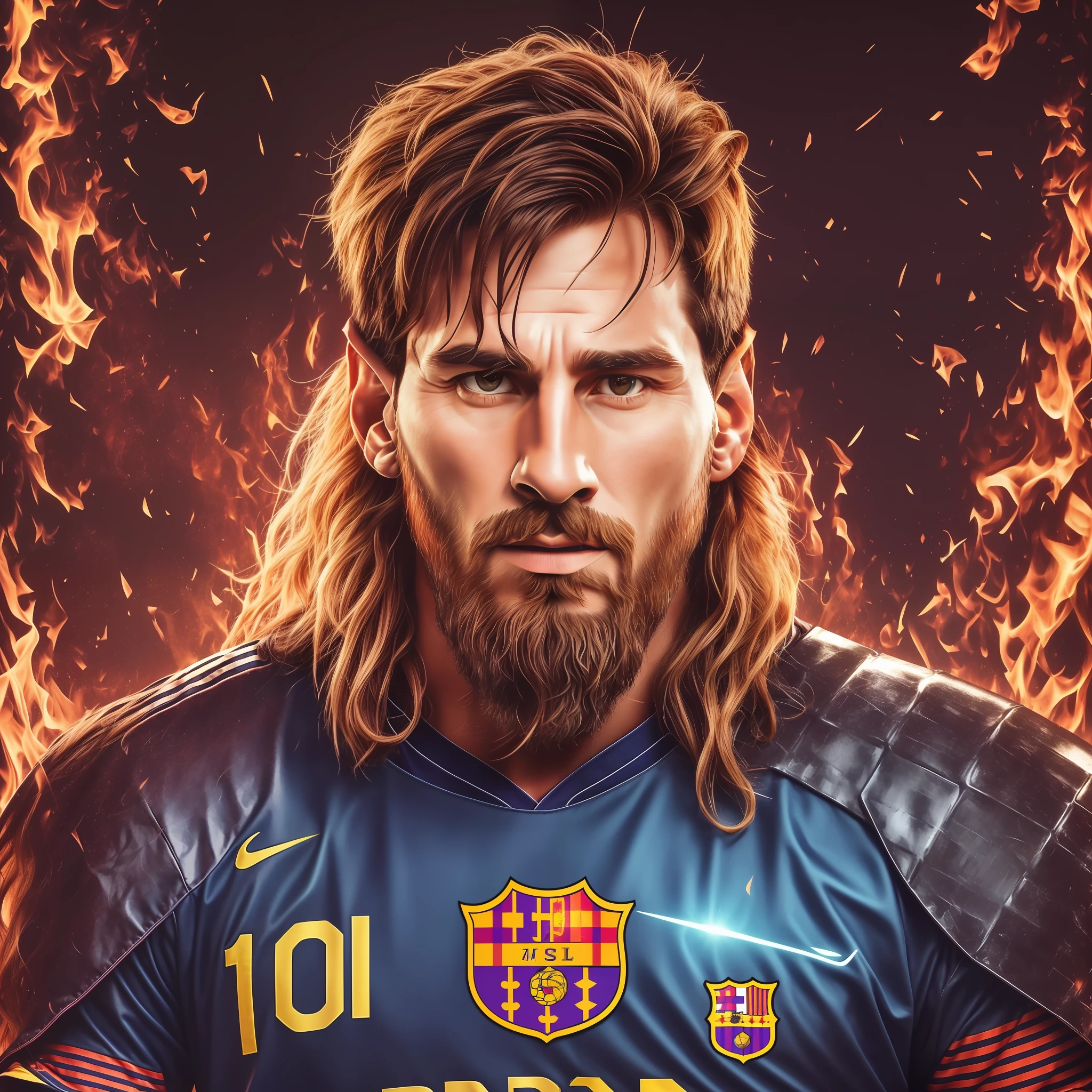 Arafed image of a man with long hair and beard in a football uniform, portrait of lionel messi, messi, lionel messi, messi as cyborg, amazing wallpaper, 4k wallpaper, 4k wallpaper, 4k HQ wallpaper, lionel messi as a muppet, best ever, fan art, 8k highly detailed ❤🔥 🔥 💀 🤖 🚀