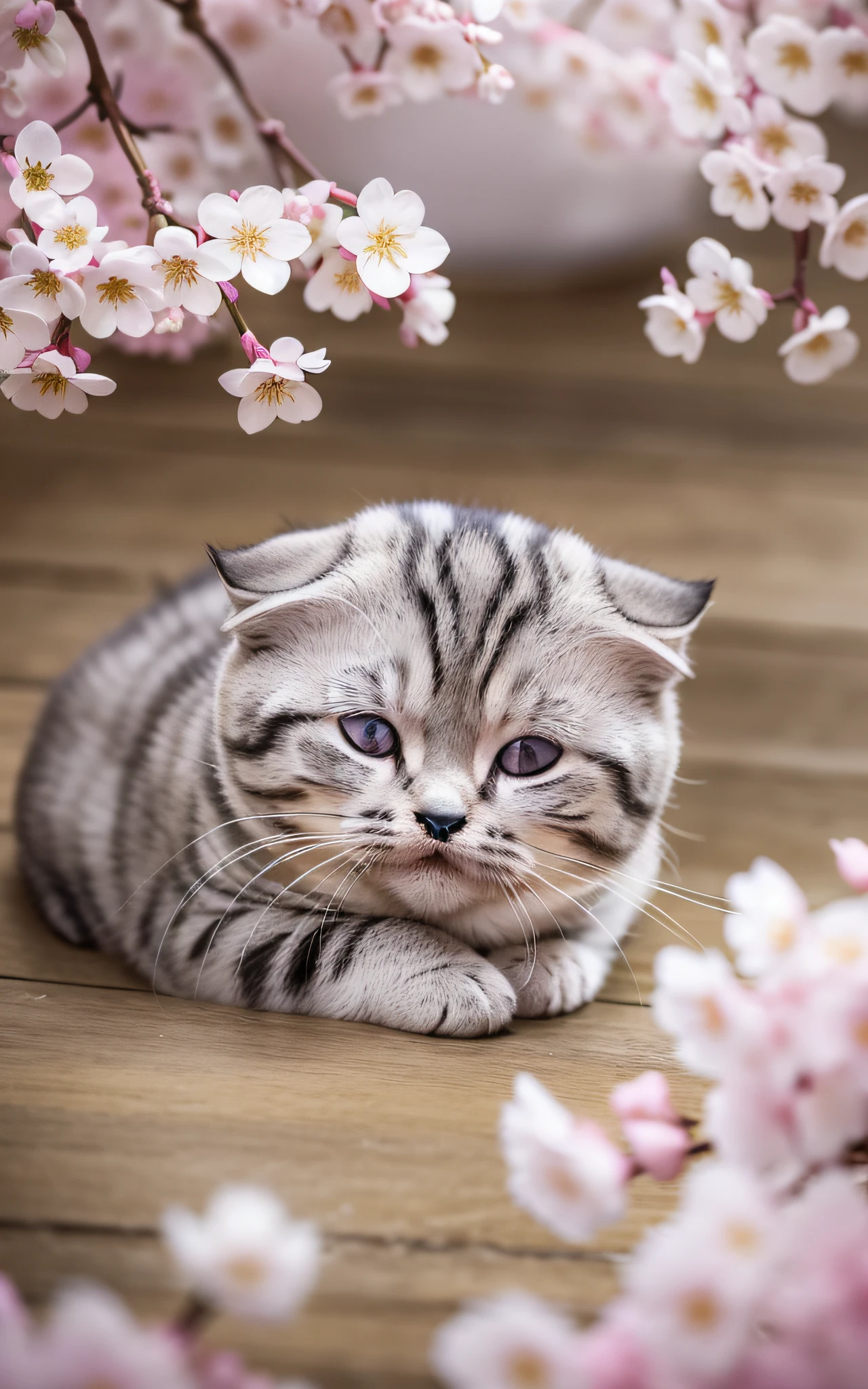 A silver-furred Scottish Fold is sleeping on top of cherry blossom petals. Its round face and folded ears beautifully harmonize with the spring scenery.