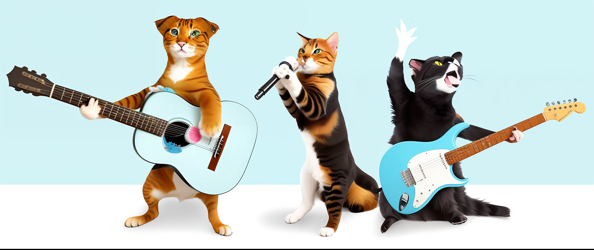 three cats and a dog playing guitar and singing together, jamming to music, singing for you, animals, cats, on white background, cats! are around, rocking out, pets, shutterstock, three animals, musicians, cats party, pet animal, catscatscats, !!!! cat!!!!, electric cats that fly over ice, very expressive, amusing