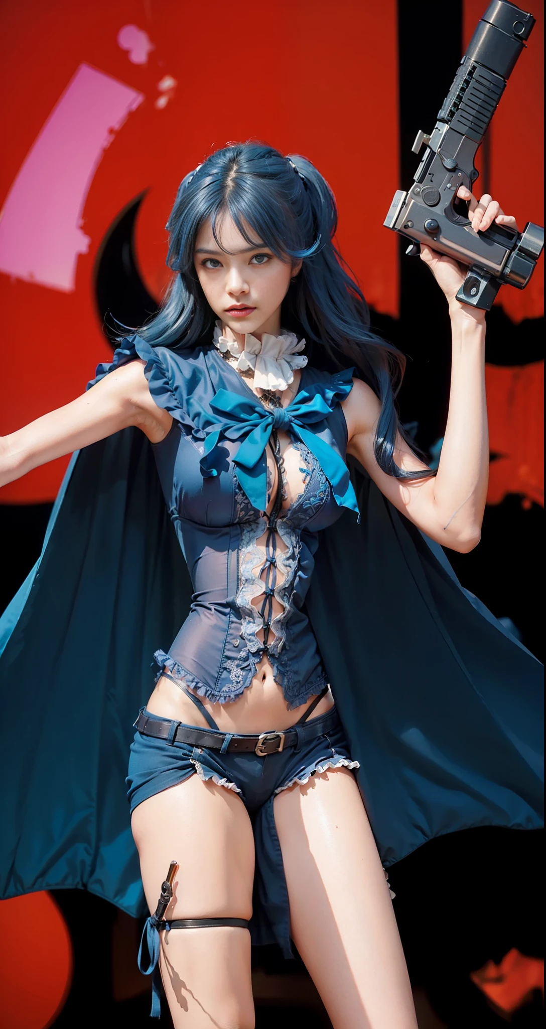 (female:1.2) (bodybuilder:0.8), hyper realistic, masterpiece, photorealistic, real skin, detailed face, detailed skin, detailed lighting, 1girl, (brown eyes), long hair, ((blue hair)), large breasts, navel, midriff, serious face, dress lace, thigh high, holding gun, frills,
