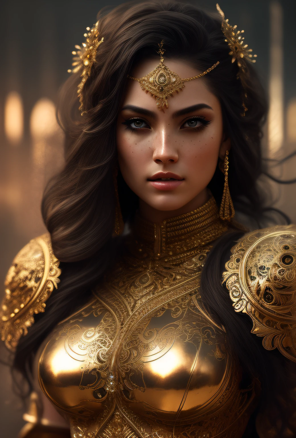 full body wide shot, woman beautiful face warrior wearing heavy iron body armor insanely detailed and intricate , hypermaximalist, elegant, ornate, hyper realistic, super detailed, cinematic light, dark fantasy, ConceptArtWorld, apocalyptic,grouchy, masterpiece,