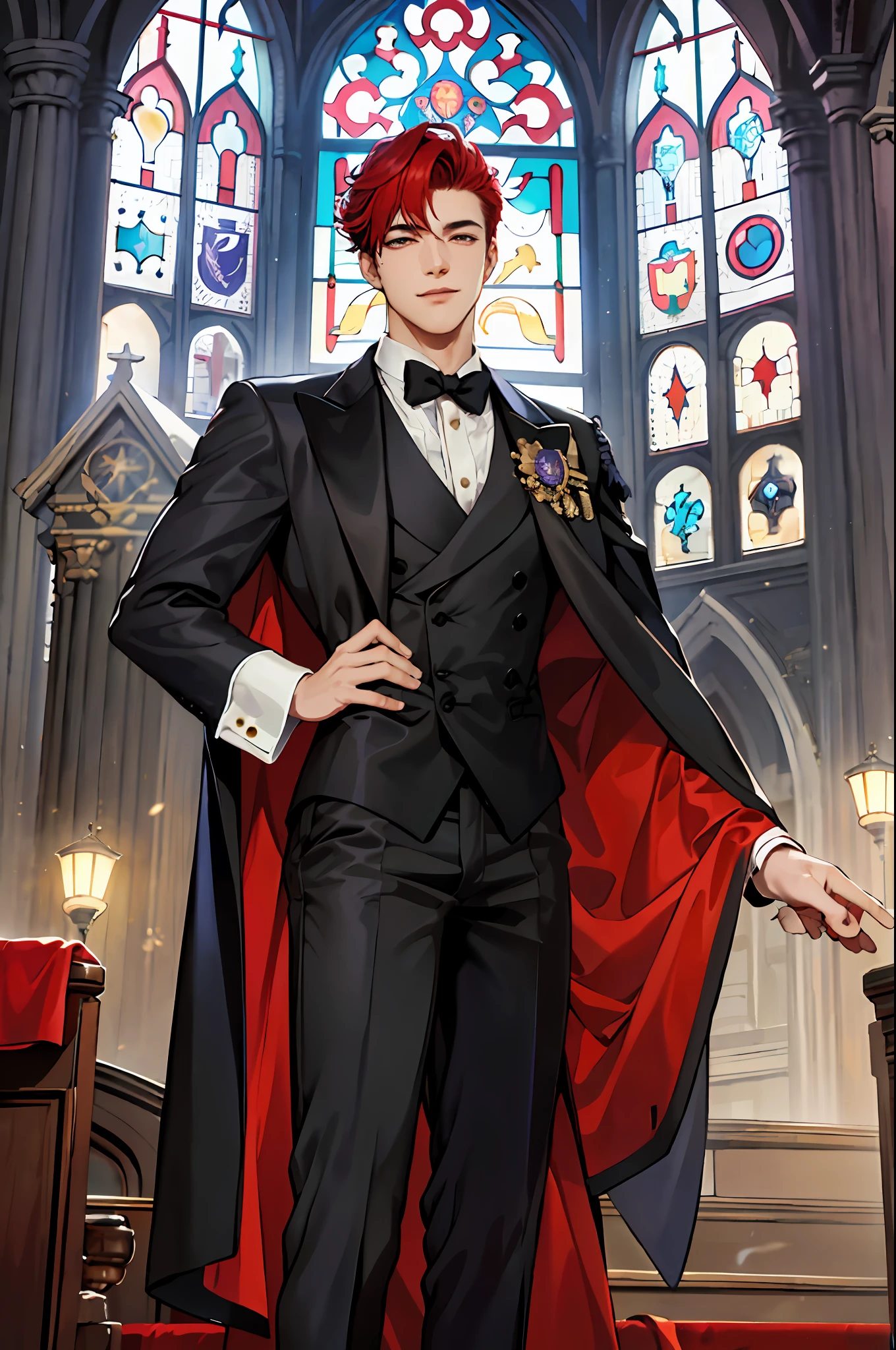 This is what a real duke looks like! Duke's antique clothes, elegant, gentlemanly. He is smiling friendly, his red hair is vivid, his red eyes shine against his perfect skin. In the background a purple church window, with moonlight reflecting behind. All this is in a beautiful and dark light, which makes it look amazing。 (High quality: 1.2, Church at night: 1.5, Duke clothes antique: 1.4) at night, provocative light, mysterious darkness