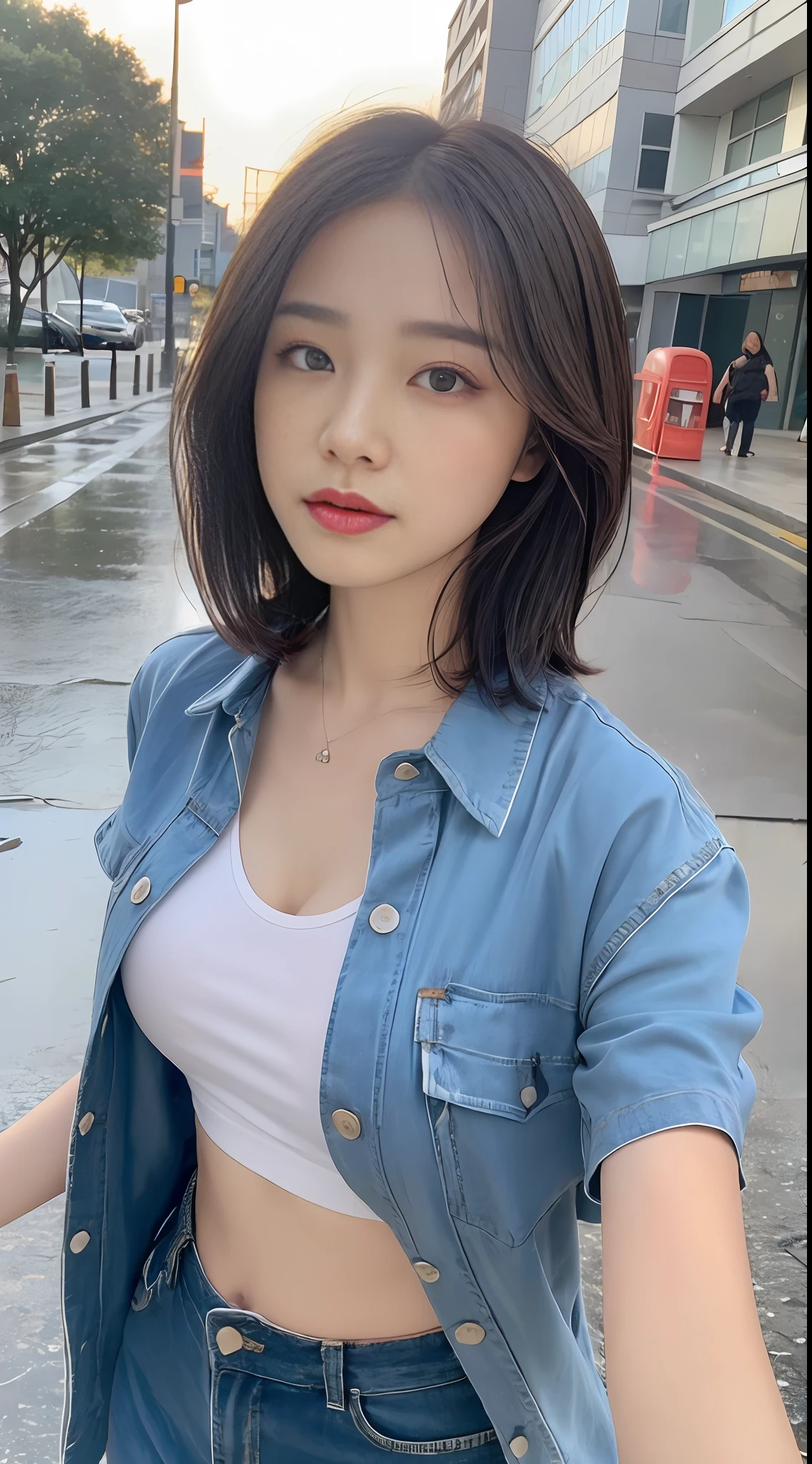 ((Best Quality, 8k, Masterpiece: 1.3)), Focus: 1.2, Perfect Body Beauty: 1.4, Buttocks: 1.2, ((Layered Haircut, Beautiful Breasts: 1.2)), (Wet Clothes: 1.1) , (Rain, Street:1.3), Colorful Short T-Shirt: 1.1, Short Skirt, Open Belly Button, Highly Detailed Face and Skin Texture, Fine Eyes, Double Eyelids, Whitened Skin, Long Hair