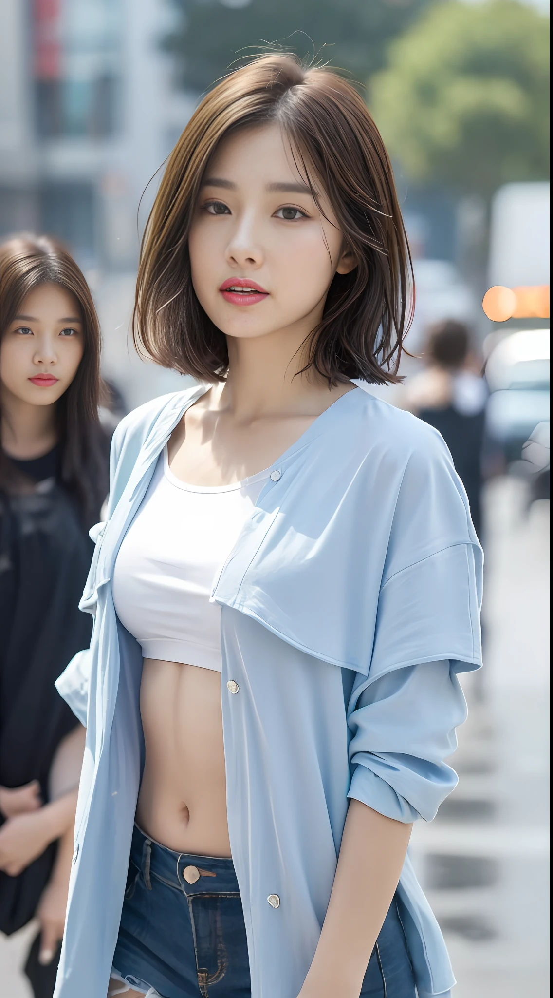 ((Best Quality, 8k, Masterpiece: 1.3)), Focus: 1.2, Perfect Body Beauty: 1.4, : 1.2, ((Layered Haircut, Beautiful Breasts: (Wet Clothes: 1.1) , (Rain, Street:1.3), Colorful Short T-Shirt: 1.1, Short Skirt, Open Belly Button, Highly iled Face and Skin Texture, Fine Eyes, Double Eyelids, Whitened Skin, Long Hair