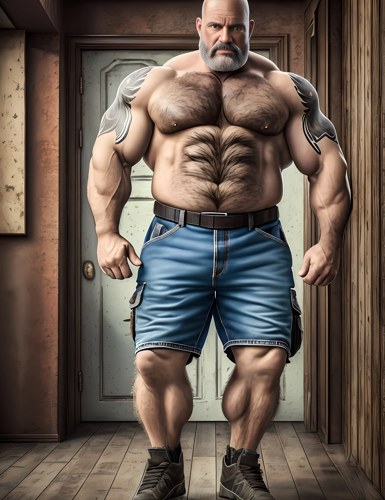 A portrait full body photograph A tractive mid age heavy trucker-driver, bald Strong, muscular, hairy big belly bodybuilder,   showing very hairy groin area, epic realistic, photo, faded, neutral colors, ((((hdr)))), muted colors, intricate scene, artstation, intricate details, vignette --auto --s2