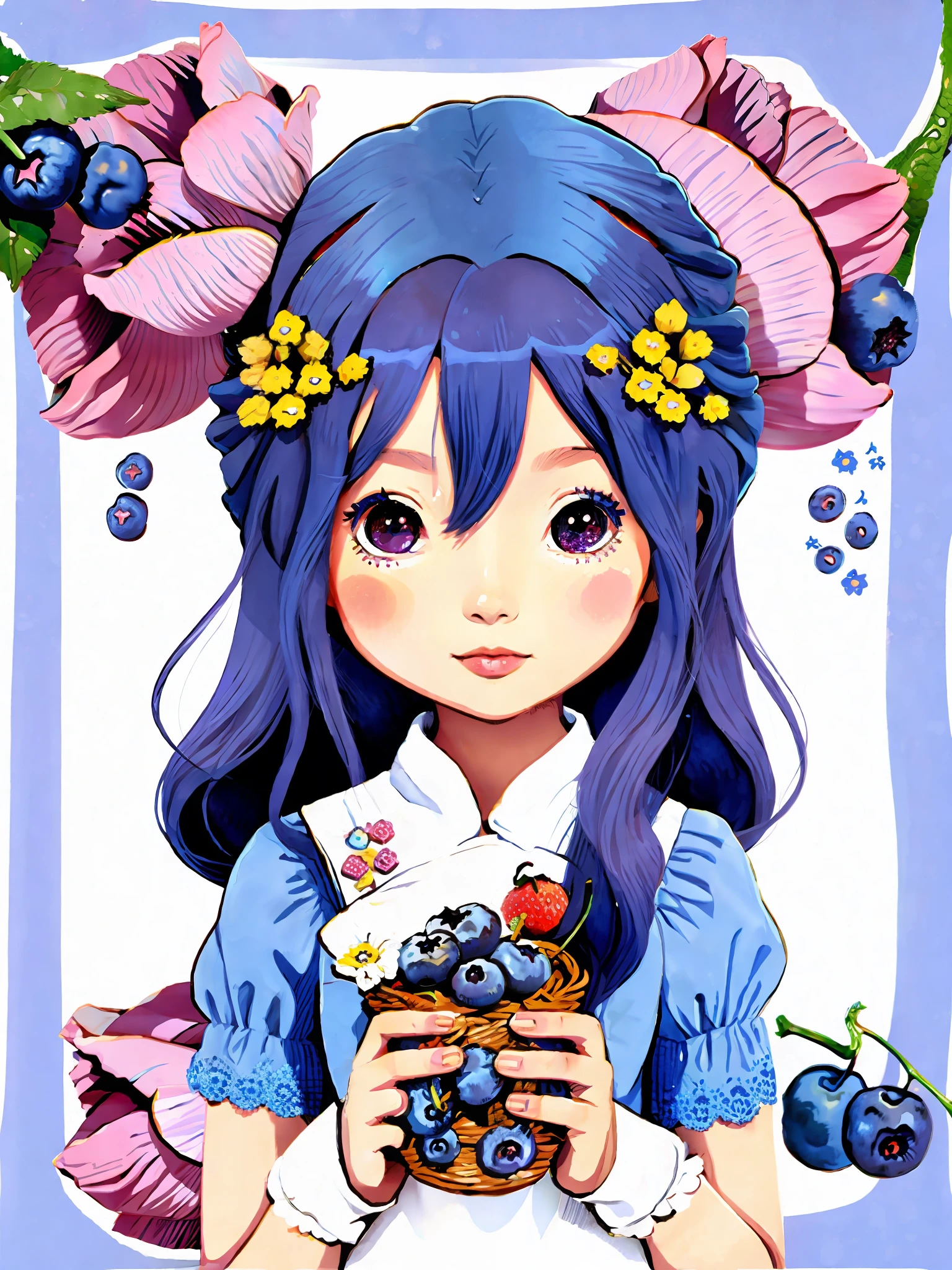 (((Blueberry character)))), (Chibi)))), ((super detailed)), (illustration), ((very delicate and beautiful)), floating, (beautiful detail eyes), (detailed light), (fruit))), flowers, (colorful))))