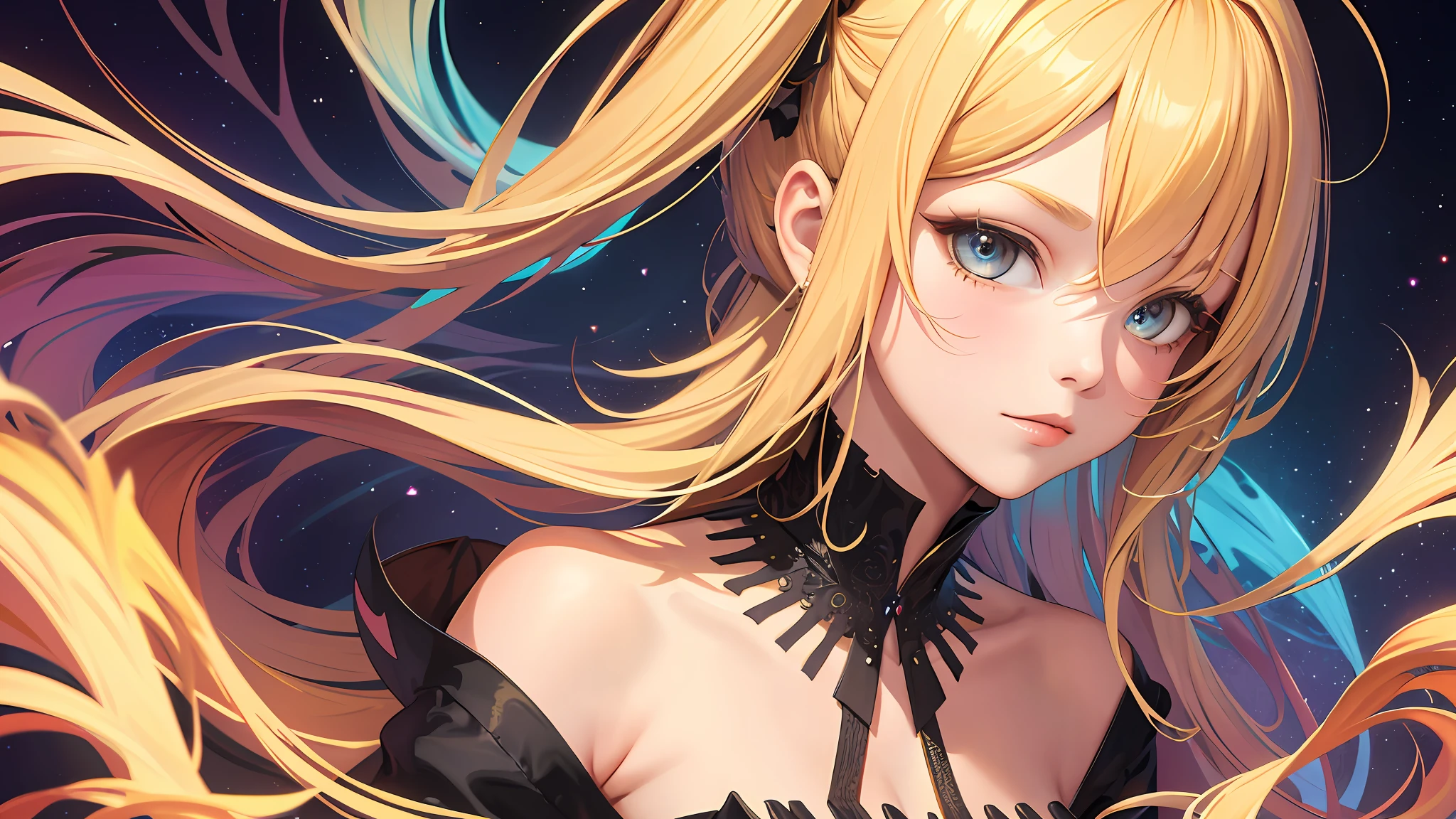 masterpiece, best quality, 1girl, fractal art, colorful, blonde hair,
