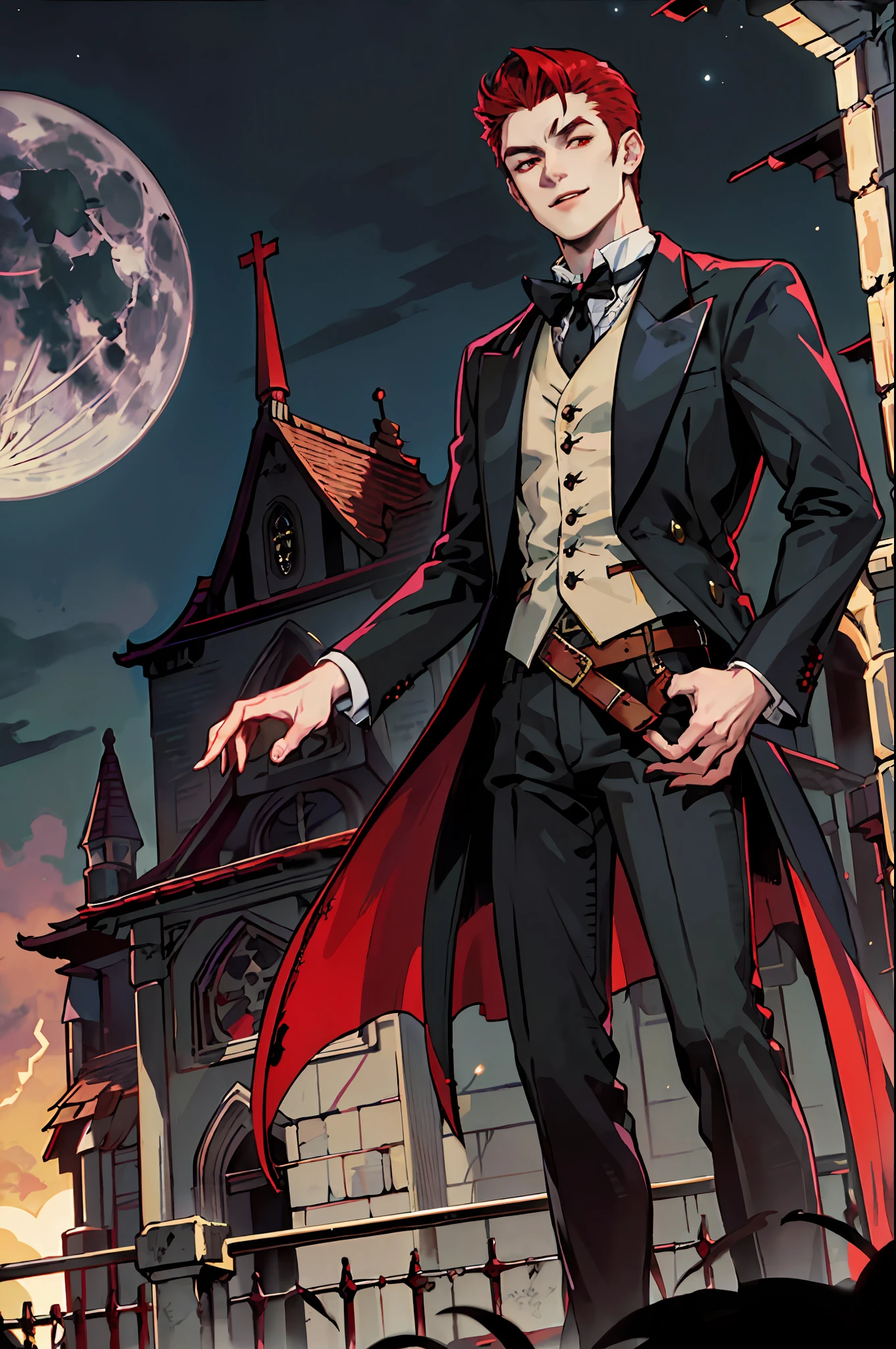 This is what a real Vampire looks like! Antique vampire clothes, elegant, gentlemanly. He is smiling friendly, his red hair is vivid, his red eyes shine against his perfect skin. In the background a purple church window, with moonlight reflecting behind. All this is in a beautiful and dark light, which makes it look amazing。 (High quality: 1.2, Church at night: 1.5, Antique Vampire Clothing: 1.4) (((At night))) (Provocative light, mysterious darkness)