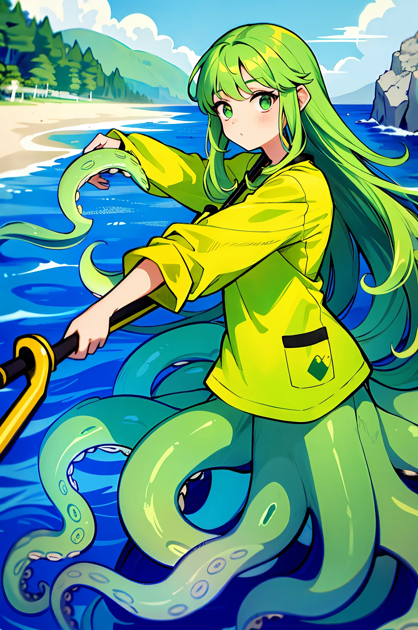 1girl, light green hair, shirt, Scylla, masterpiece, best quality, long hair, fishing rod