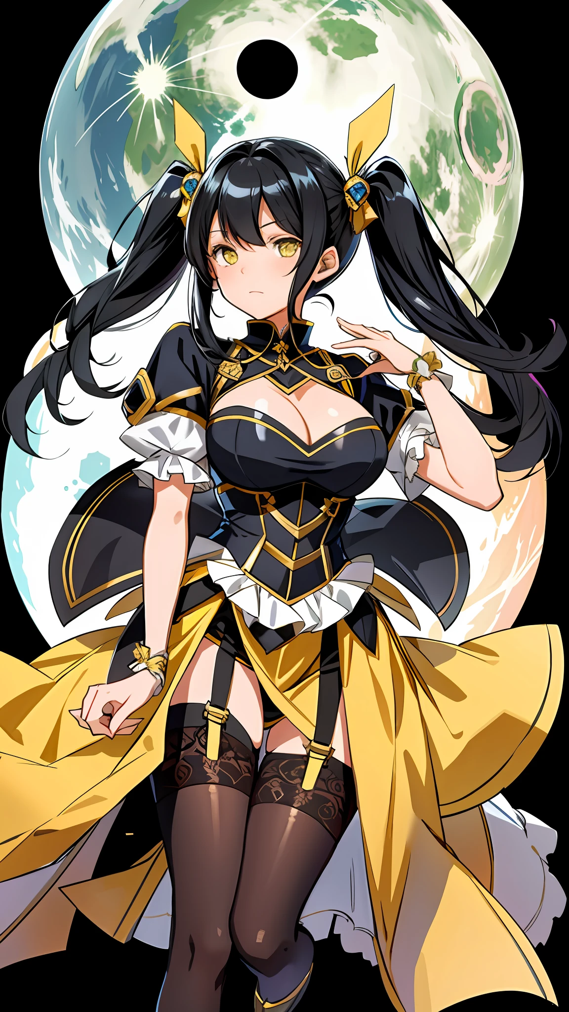 ), Sexy, from above, facing viewer, face close up, cleavage, yellow eyes, black hair, twintail, busty, solid background, full body, 8k, absurd quality, beautiful face, hands out of frame,absurd res, high res, (masterpiece:1.4), ultra-detailed, 1girl, from front, jumping, stockings, black hair, heart shape eyes, yellow eyes, garter belt, yandere, twintail