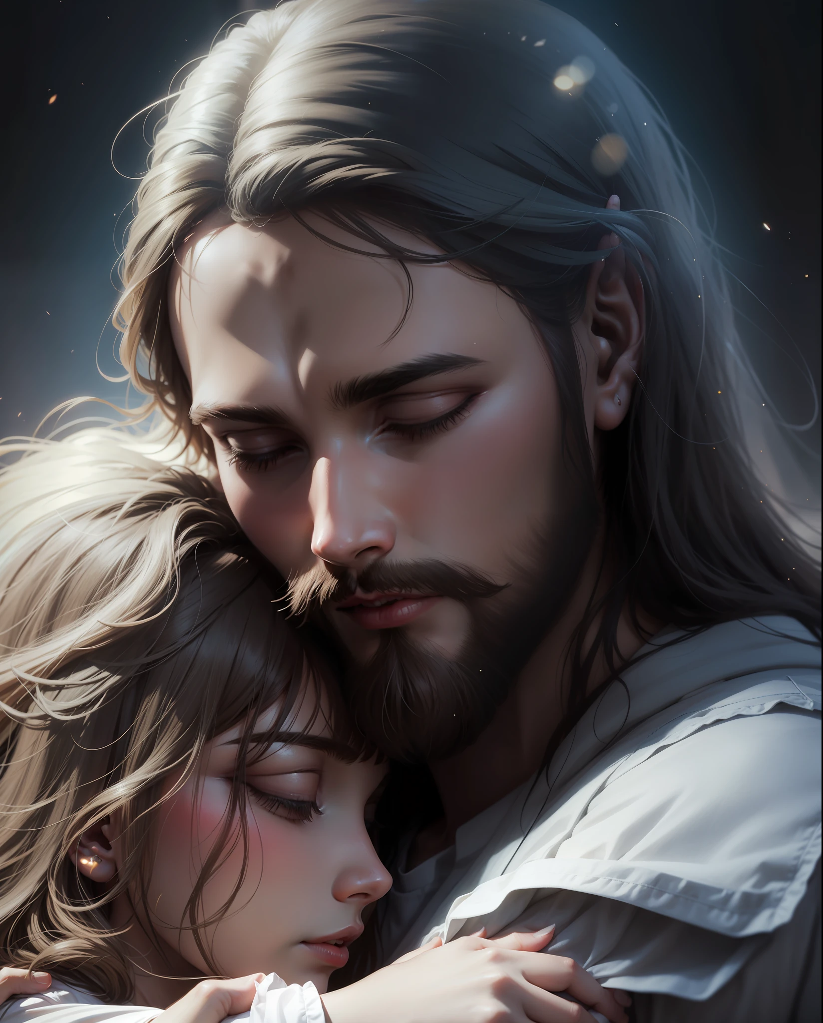 Jesus Christ fraternally embracing a woman.