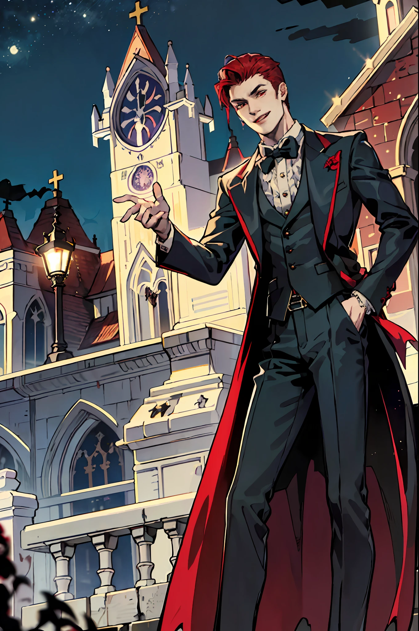This is what a real Vampire looks like! Antique vampire clothes, elegant, gentlemanly. He is smiling friendly, his red hair is vivid, his red eyes shine against his perfect skin. In the background a purple church window, with moonlight reflecting behind. All this is in a beautiful and dark light, which makes it look amazing。 (High quality: 1.2, Church at night: 1.5, Antique Vampire Clothing: 1.4) (((At night))) (Provocative light, mysterious darkness)