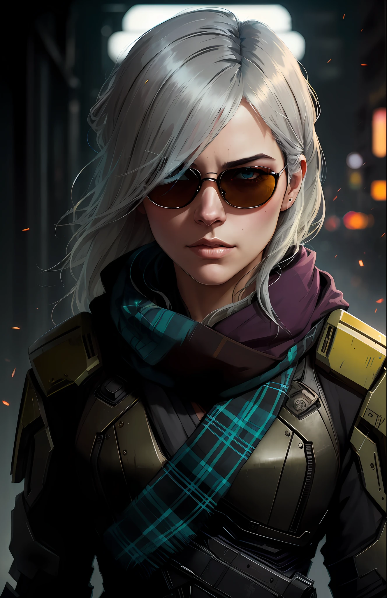 (dark shot:1.1), epic realistic, portrait of halo, sunglasses, blue eyes, tartan scarf, white hair by atey ghailan, by greg rutkowski, by greg tocchini, by james gilleard, by joe fenton, by kaethe butcher, gradient yellow, black, brown and magenta color scheme, grunge aesthetic!!! graffiti tag wall background, art by greg rutkowski and artgerm, soft cinematic light, adobe lightroom, photolab, hdr, intricate, highly detailed, (depth of field:1.4), faded, (neutral colors:1.2), (hdr:1.4), (muted colors:1.2), hyperdetailed, (artstation:1.4), cinematic, warm lights, dramatic light, (intricate details:1.1), complex background, (rutkowski:0.66), (teal and orange:0.4)