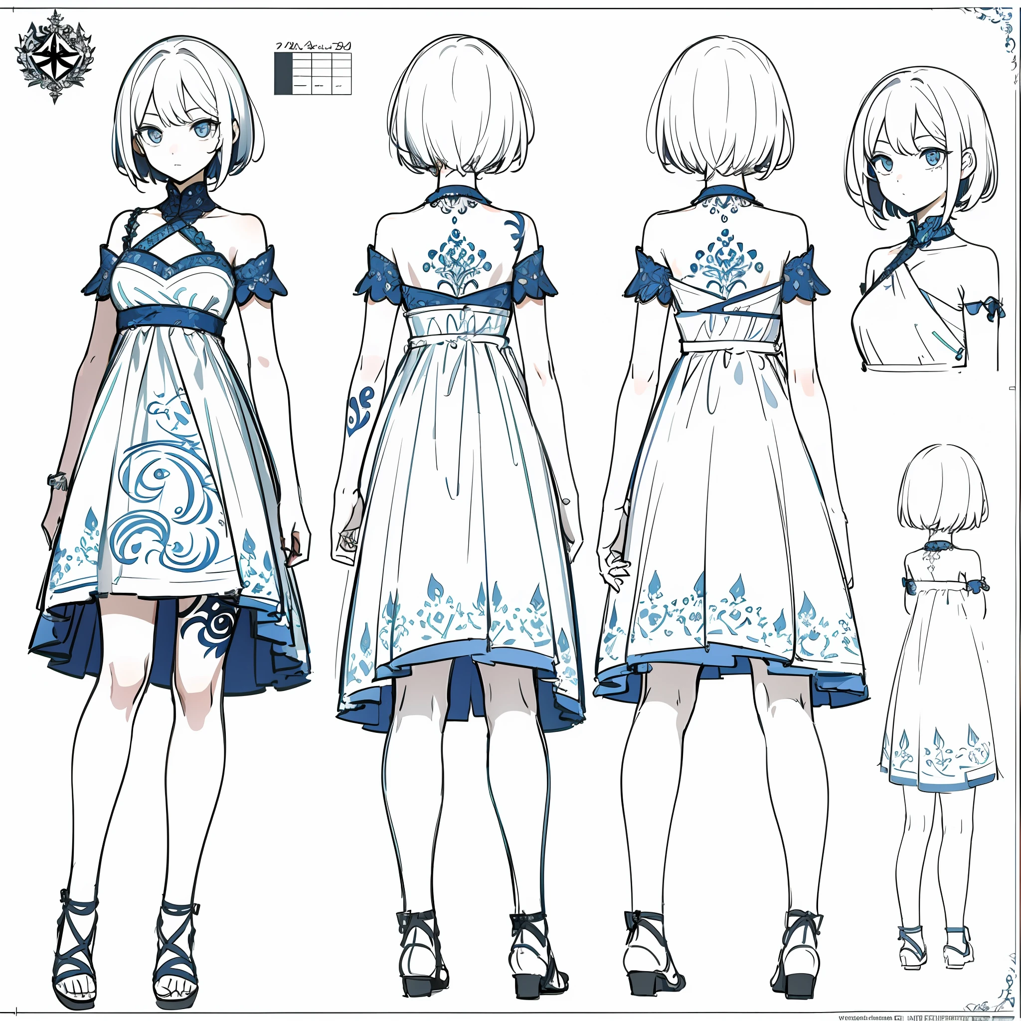 (masterpiece, best quality) detailed, girl, drawing reference, reference, lineart, sketch, dress, hips, short hair, leg tattoo (character design sheet, same character, front, side, back)