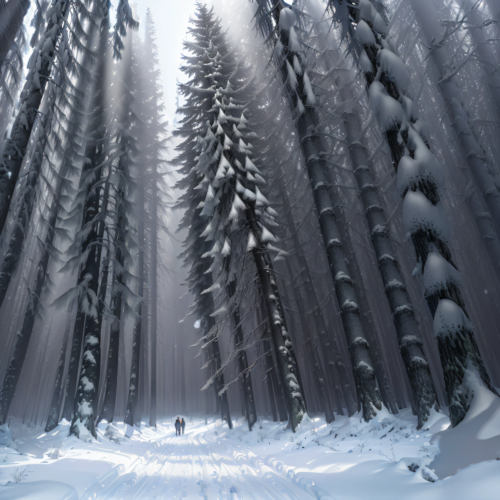 ((best illumination:1.2,best shadow:1.2), (dense and shadowy forest, snowy, misty)), low light, stillness, mysterious,creepy