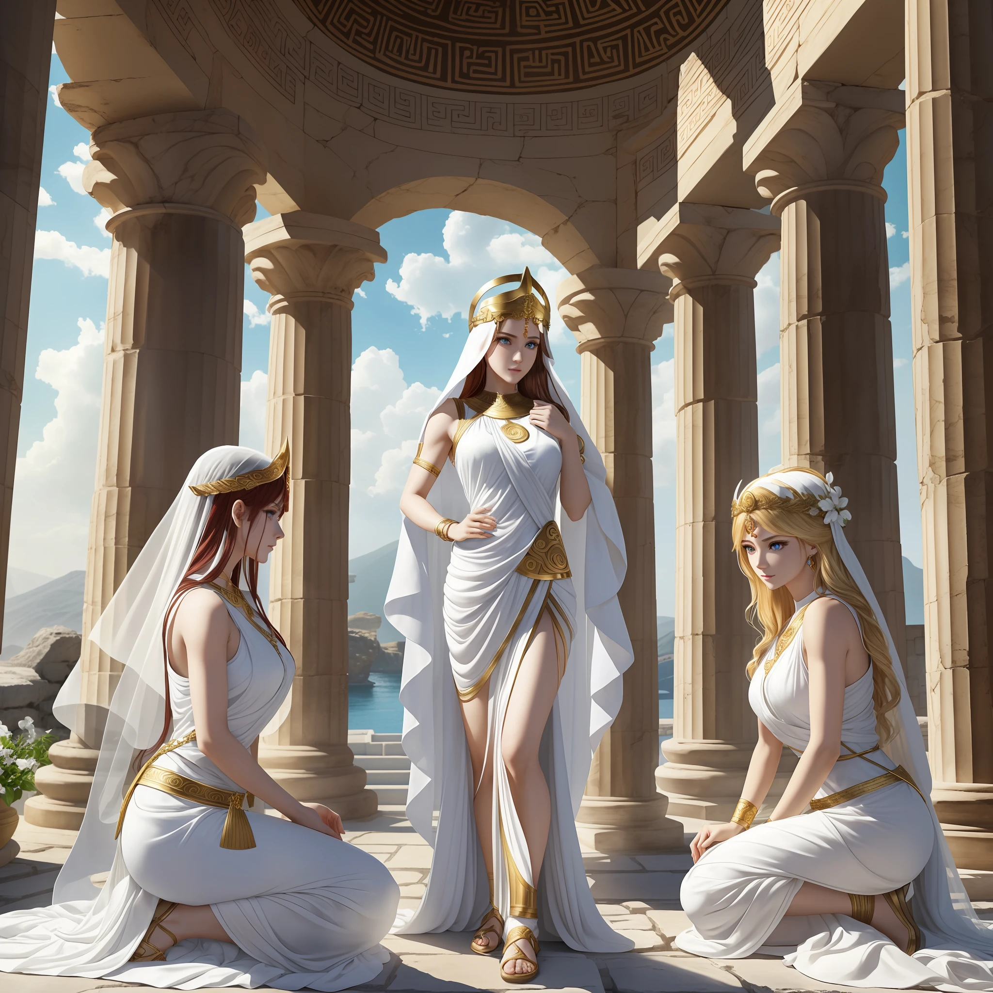 (Three Intimate Goddesses)is chatting happily in an ancient Greek temple、"The first is the goddess of wild nature and hunting、With (((blonde hair)))and(((blue eye)))、With fair skin、Is tall and slender, 、Showing off the perfect pair of long legs、Wearing {(very short:1.7)、(white, :1.5)、Sleeveless Greek chiton}、(Wearing a golden circlet)"、 "The second is the goddess of war and wisdom、With ((dark black hair))and((gray eyes))、With fair skin、Is tall and muscular、Wearing ((Golden Armor)), Putting on a ((Corinthian helmet))"、"The third is the goddess of Hearth and fire、With ((Dark red hair))and((dark red eyes))、With fair skin、Wearing (long、white, 、Sleeveless Greek toga), (Putting on a veil)"、Greek mythology、 Mythological atmosphere、photorealistic、ultra quality、Ultra Detailed、Description of Super Hand、masterpiece, 、8K、HDR