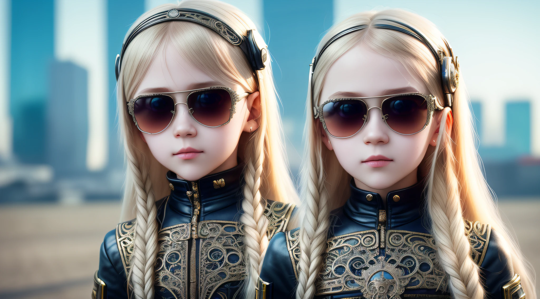 RUSSIAN STYLE CHILD GIRL, LONG BLONDE HAIR, SUNGLASSES, cute made of metal, cyborg, cyberpunk style, (((intricate details)), hdr, (((intricate details, hyperdetailed)), cinematic shot, vignette