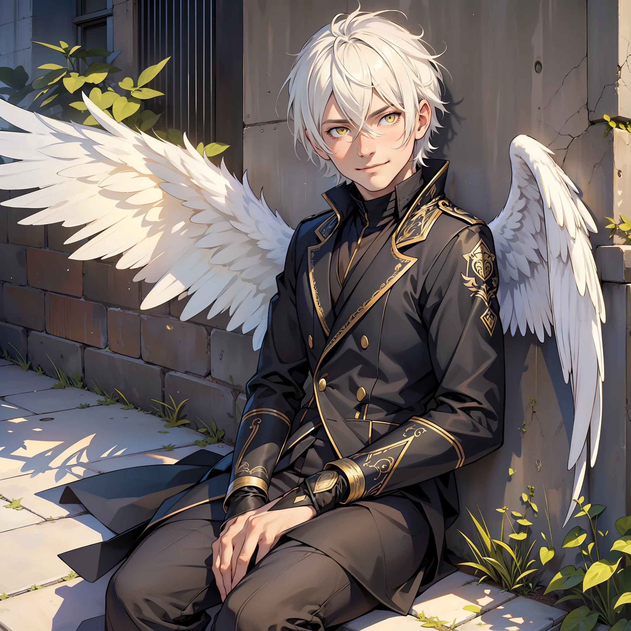 ((realistic: 1.5)),((best quality)), ((masterpiece)),((detailed)), man, young, short white hair, bright yellow eyes, black angel wings, warm smile, sitting on wall, daytime, blue sky