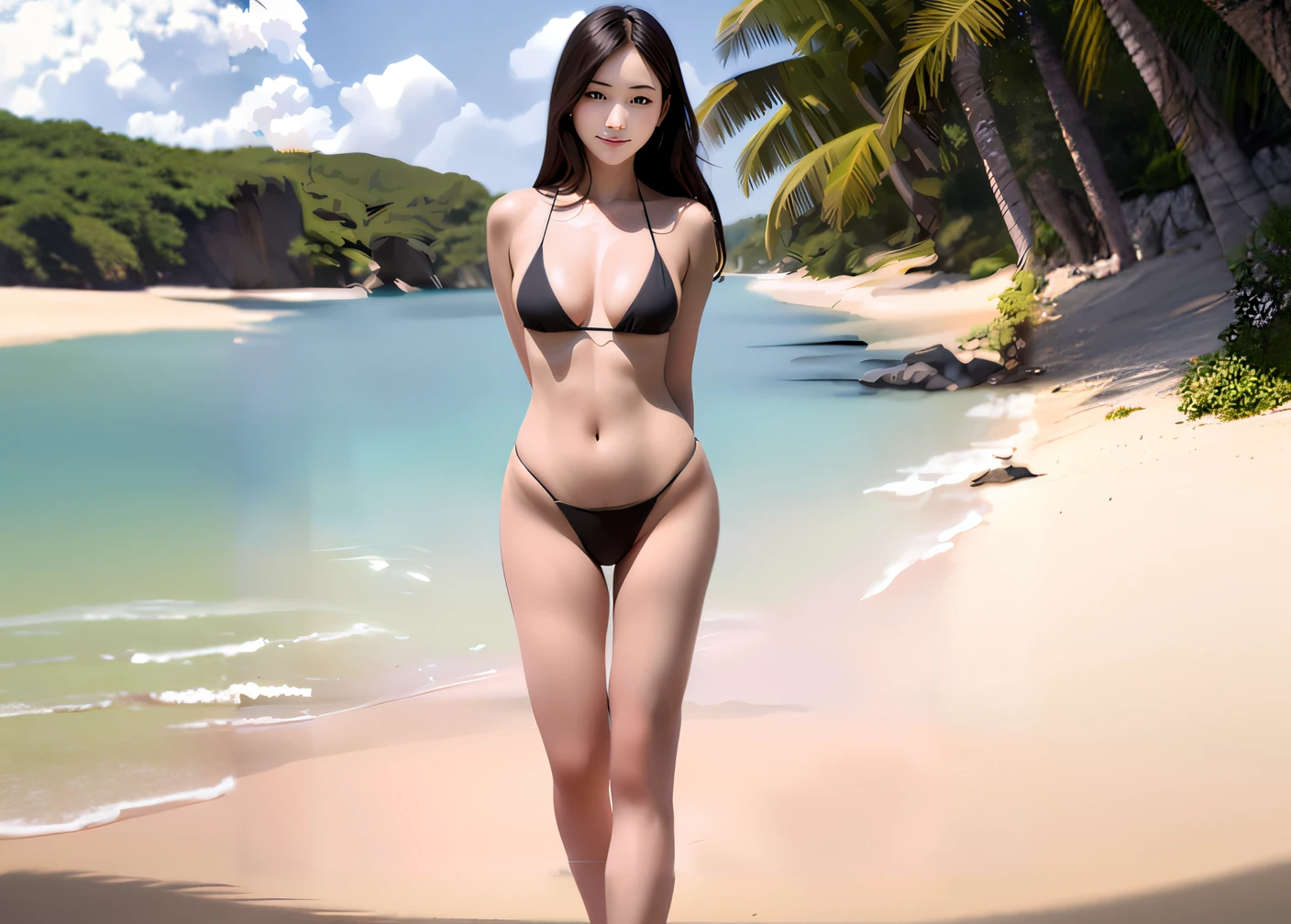 there is a woman in a bikini standing on a beach, realistic bikini, photorealistic perfect body, smooth anime cg art, photorealistic anime girl render, 3 d anime realistic, japanese model, realistic shaded perfect body, sakimichan hdri, is wearing a swimsuit, realistic anime 3 d style, realistic young gravure idol, [ 4 k digital art ]!!