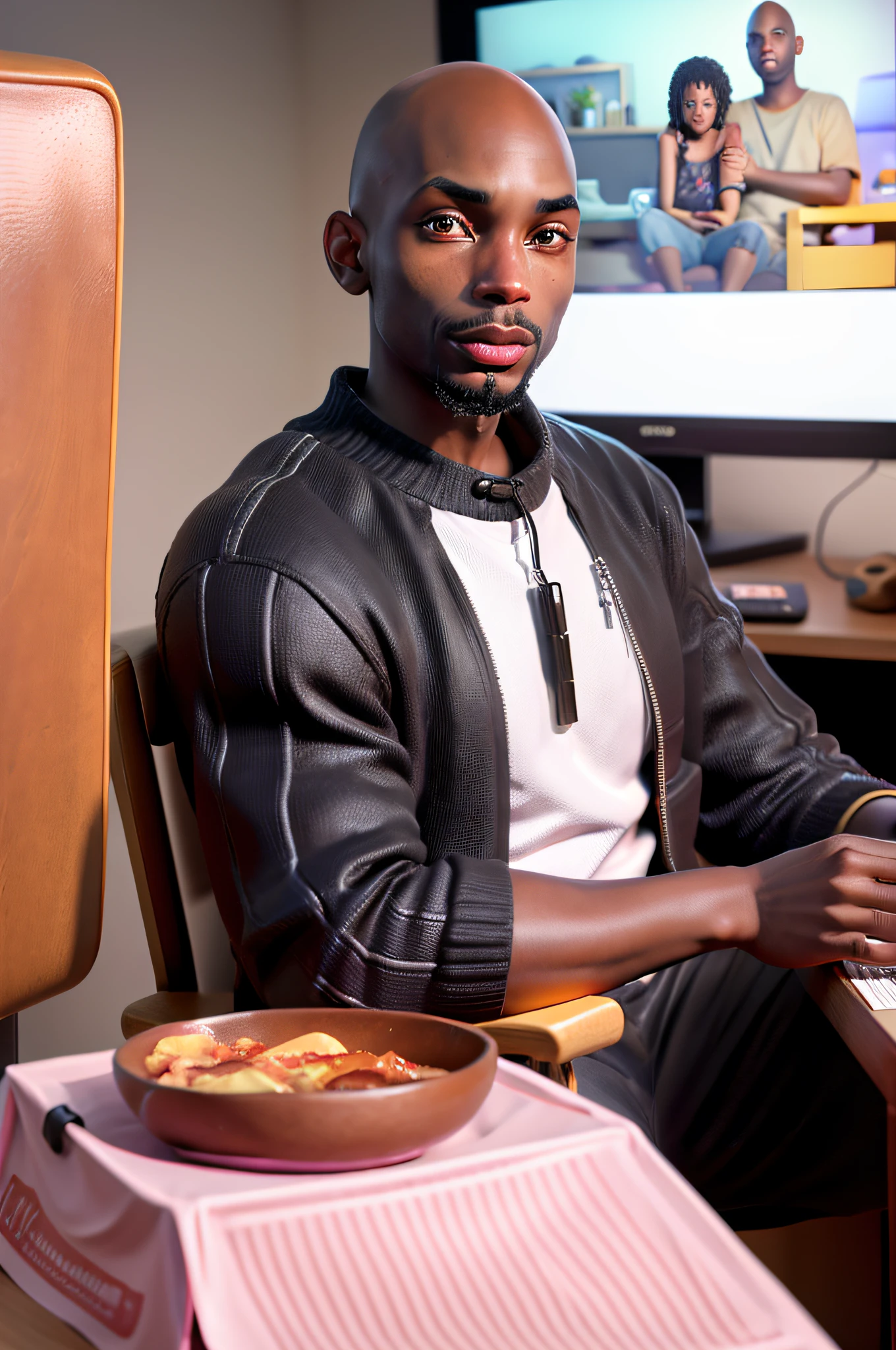 30-year-old black man, bald and with a goatee watching television