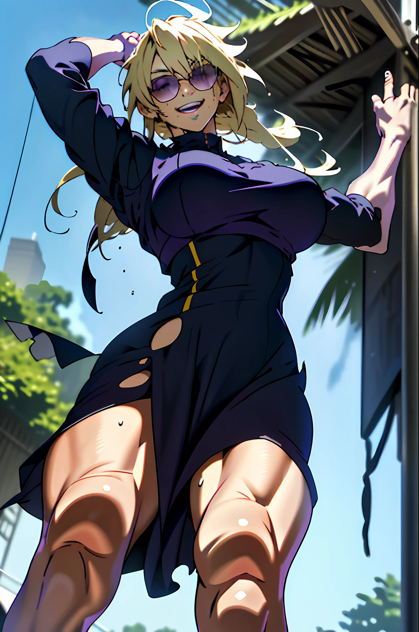 best quality, masterpiece, ultra high res, detailed background, realistic, 1girl, solo, female, muscular, mature female, long hair, blonde, makeup, purple lipstick, standing, open arms, open legs, sticky dress, open mouth, huge smile, closed look, happy, expression of fascination, surprise, square, real shadow and light, depth of field, huge breasts, torn dress, looking at the viewer, sunglasses falling, strong wind in the face, strong wind in the hair, loose hair, Konosuba, sweaty, wet
