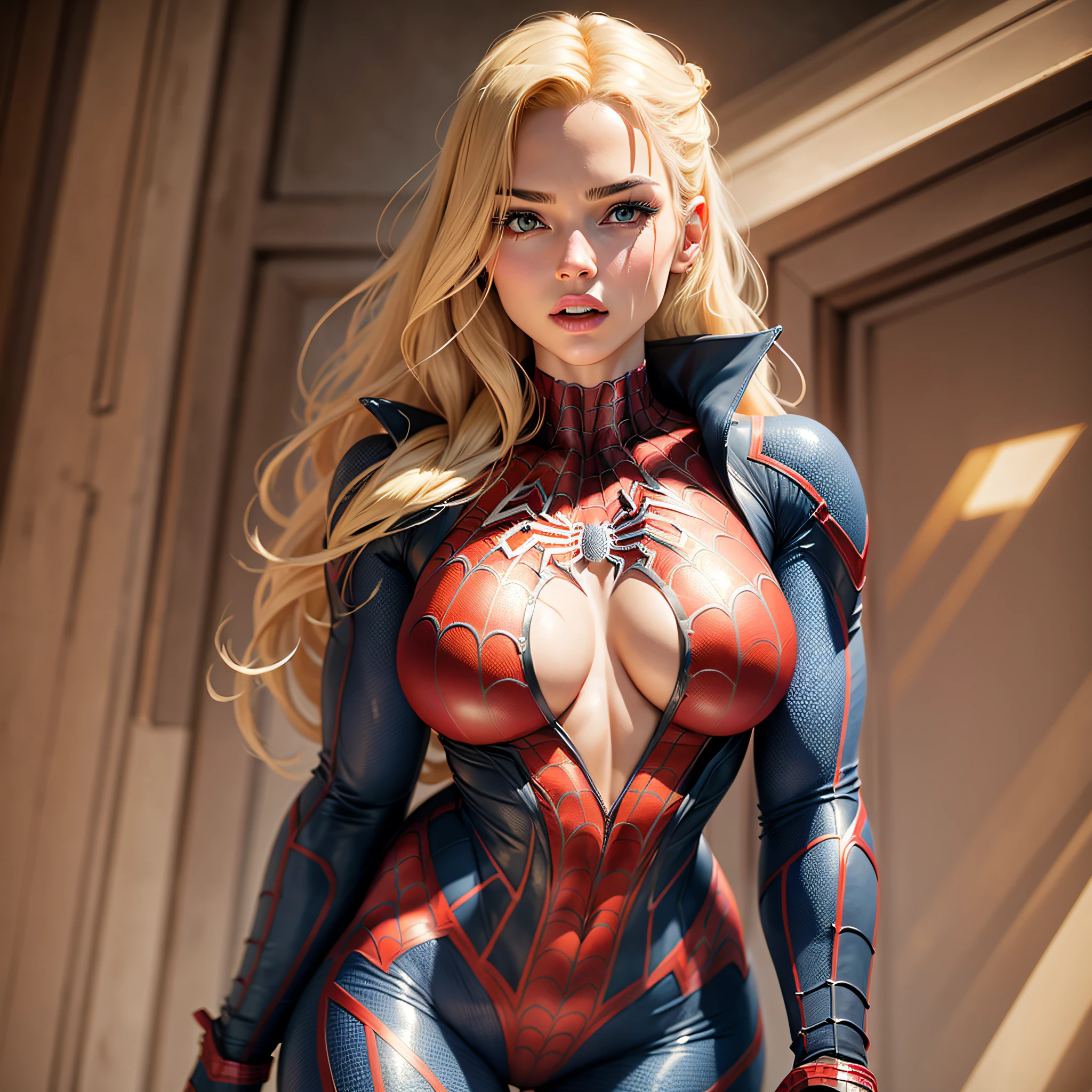 Beautiful woman with detailed definition body using Spider-Man role-playing, big breasts, chest torn clothes, blonde hair --auto --s2