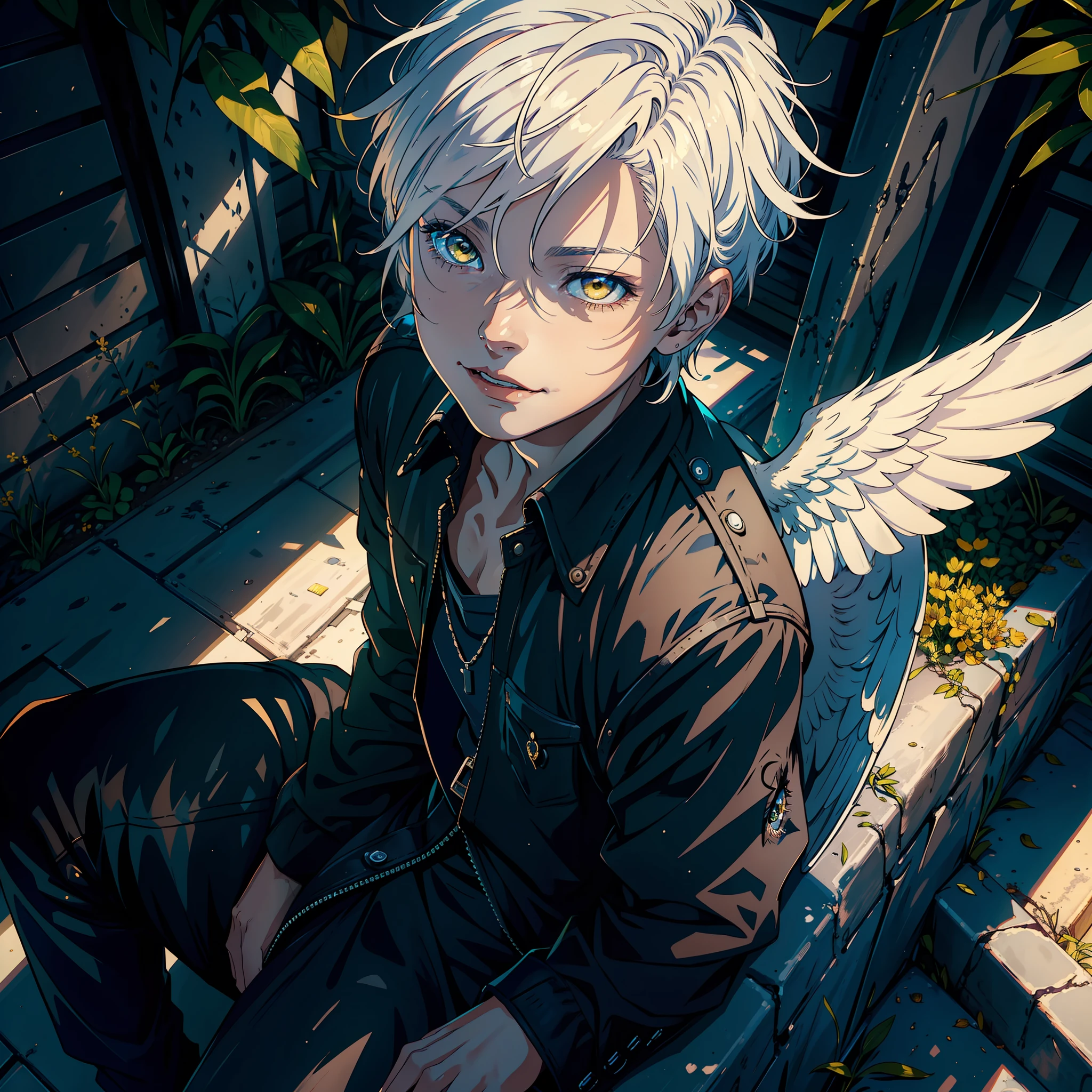 ((realistic: 1.5)),((best quality)), ((masterpiece)),((detailed)), man, young, short white hair, bright yellow eyes, black angel wings, smile, lollipop sucking, sitting on wall, by day, blue sky