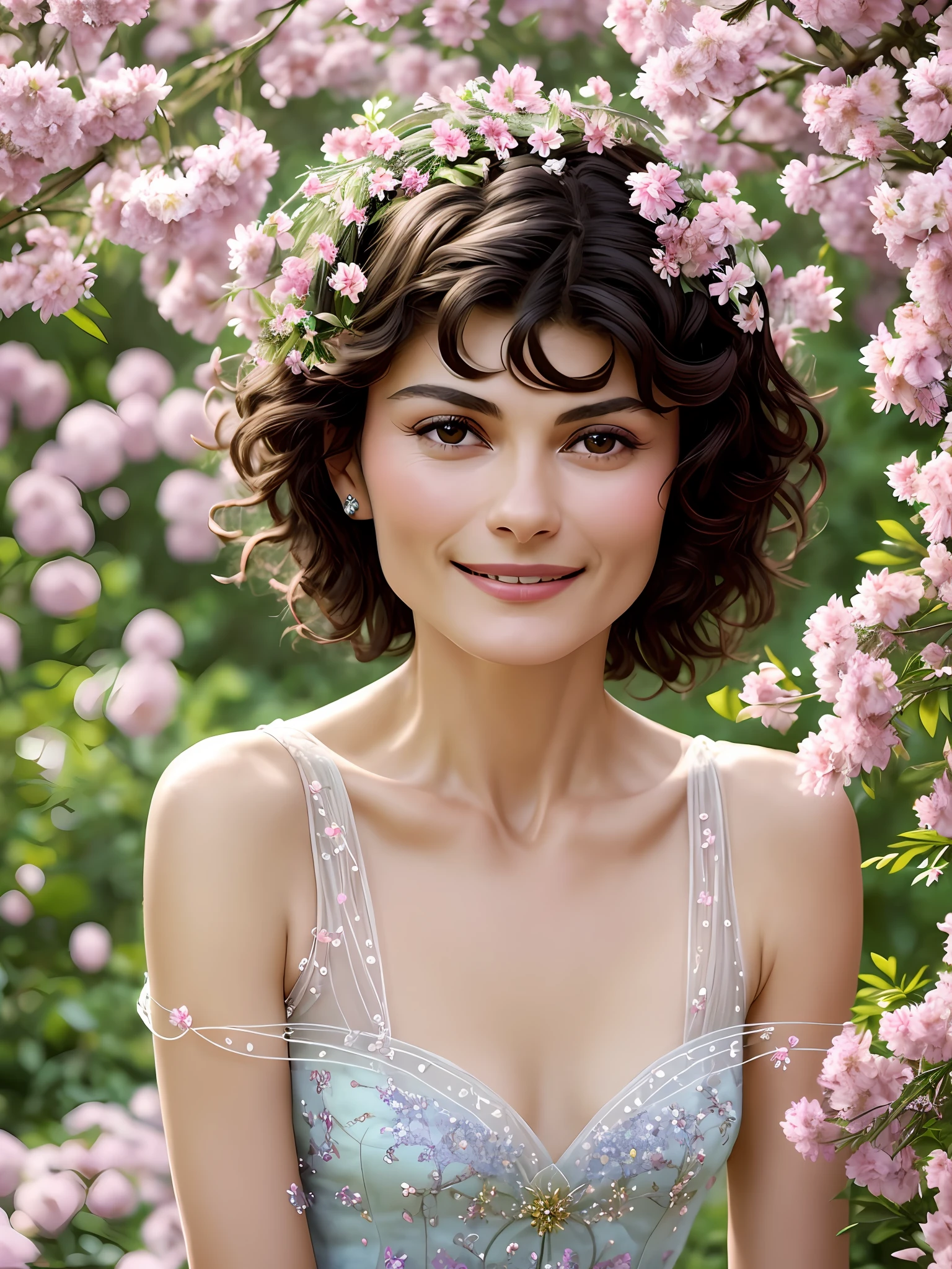 Audrey Tautou:
Masterpiece Photography Ultra Realistic Description: Audrey Tautou, the enchanting French actress, enchants in this hyper-realistic 4K photograph. She is portrayed in a whimsical and ethereal ensemble, adorned with delicate feathers and intricate floral details. The setting is a magical garden, with vibrant flowers in full bloom and a gentle breeze rustling through the trees. Audrey Tautou's radiant smile and sparkling eyes exude a sense of joy and playfulness, as if she is a fairy dancing amidst the blossoms.