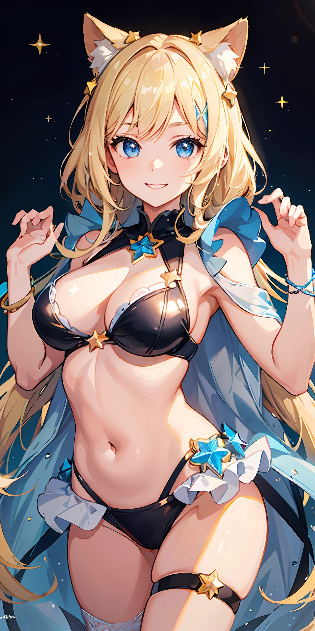1girl, bright, blonde, light blue eyes, star motif, multicolored hair, princess, saleme, side light, light particles, wallpaper, big, plump, idol, swimsuit, loose fluffy, smile, gentle, clear, loli