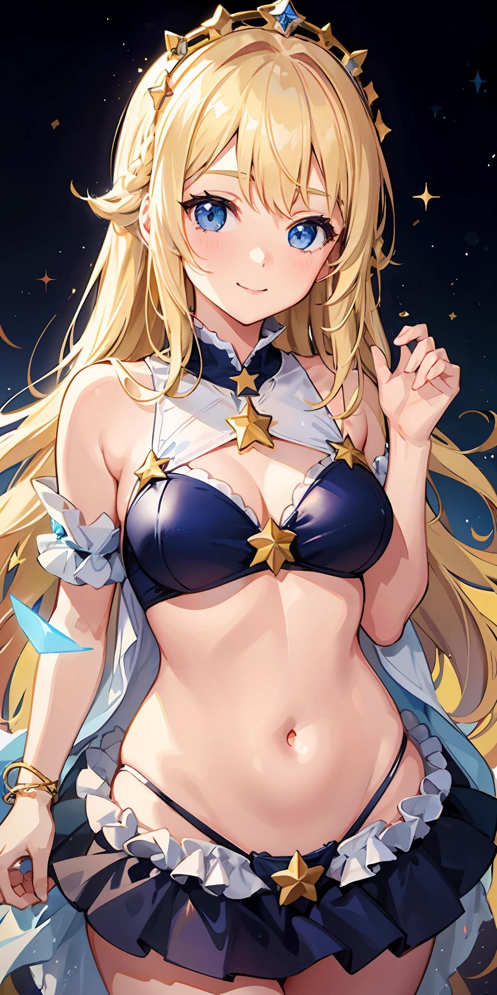 1girl, bright, blonde, light blue eyes, star motif, multicolored hair, princess, saleme, side light, light particles, wallpaper, big, plump, idol, swimsuit, loose fluffy, smile, gentle, clear, 
