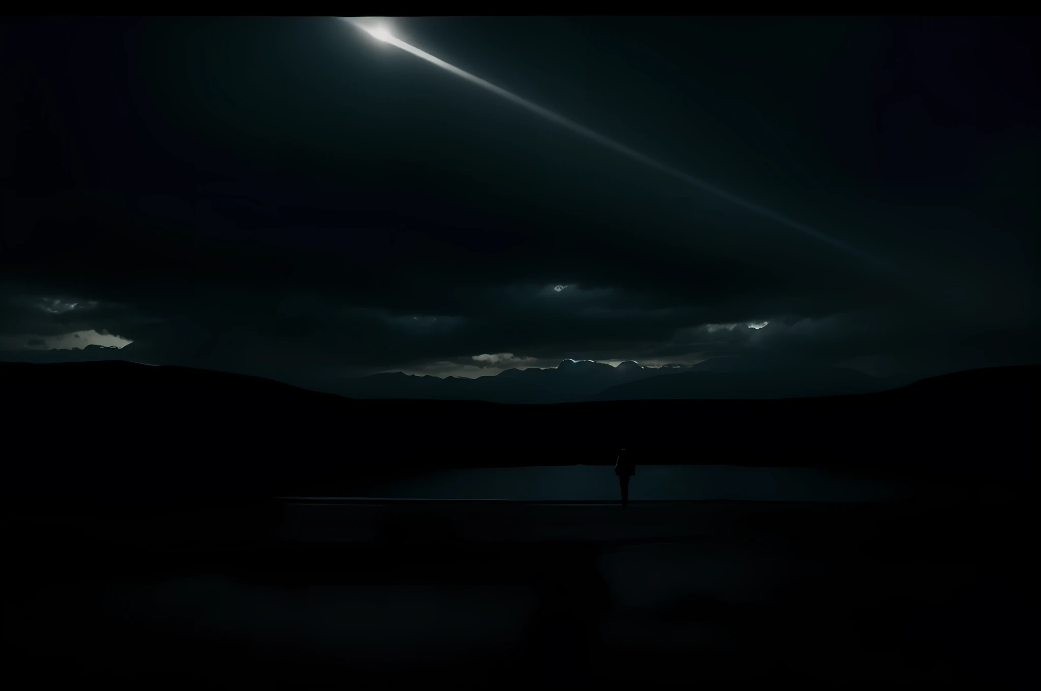 photorealistic, of the highest quality, RAW photo, film composition, (full body: 1.4) a dark, gloomy landscape of darkness with a light in the background
