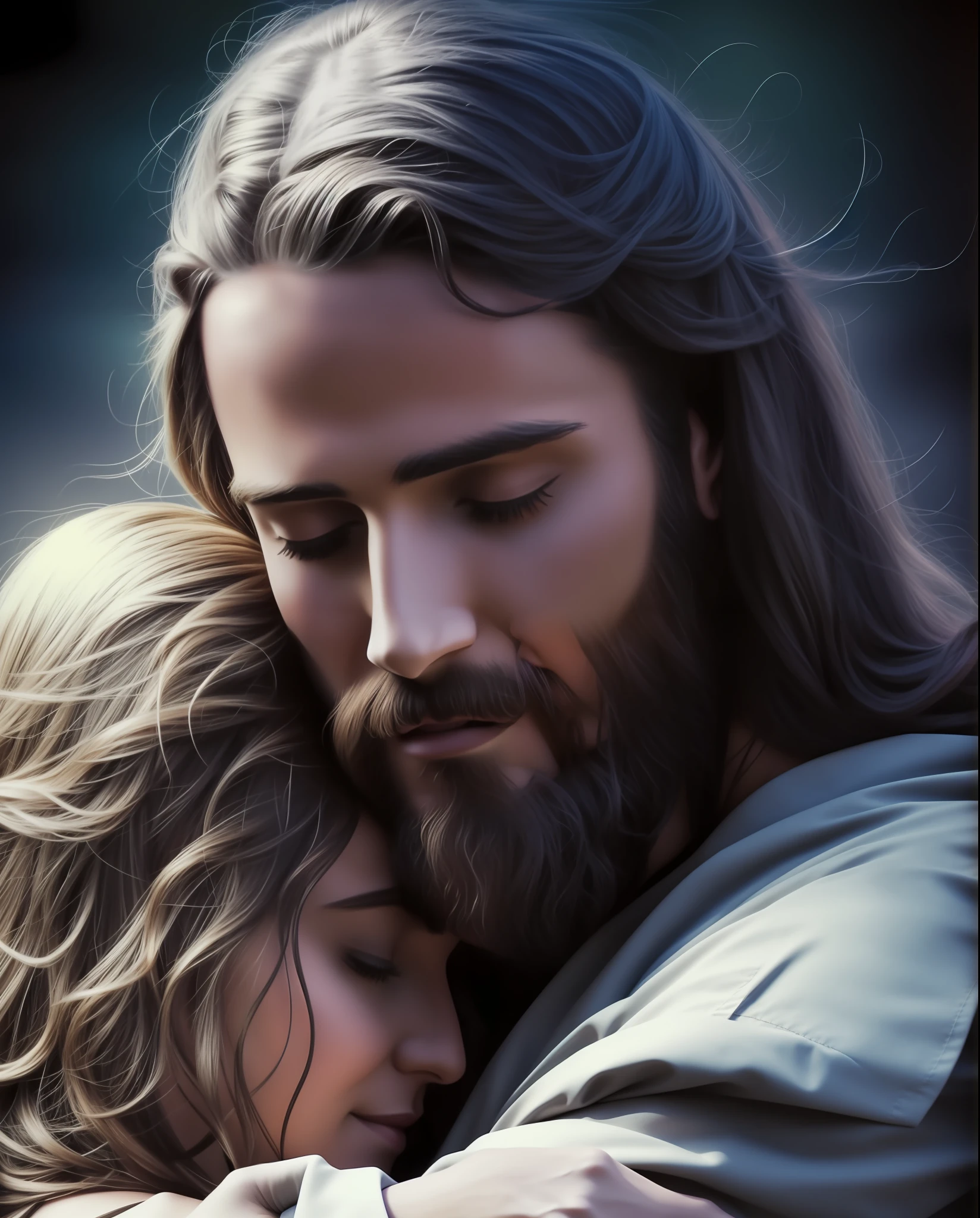 Jesus Christ fraternally embracing a woman.