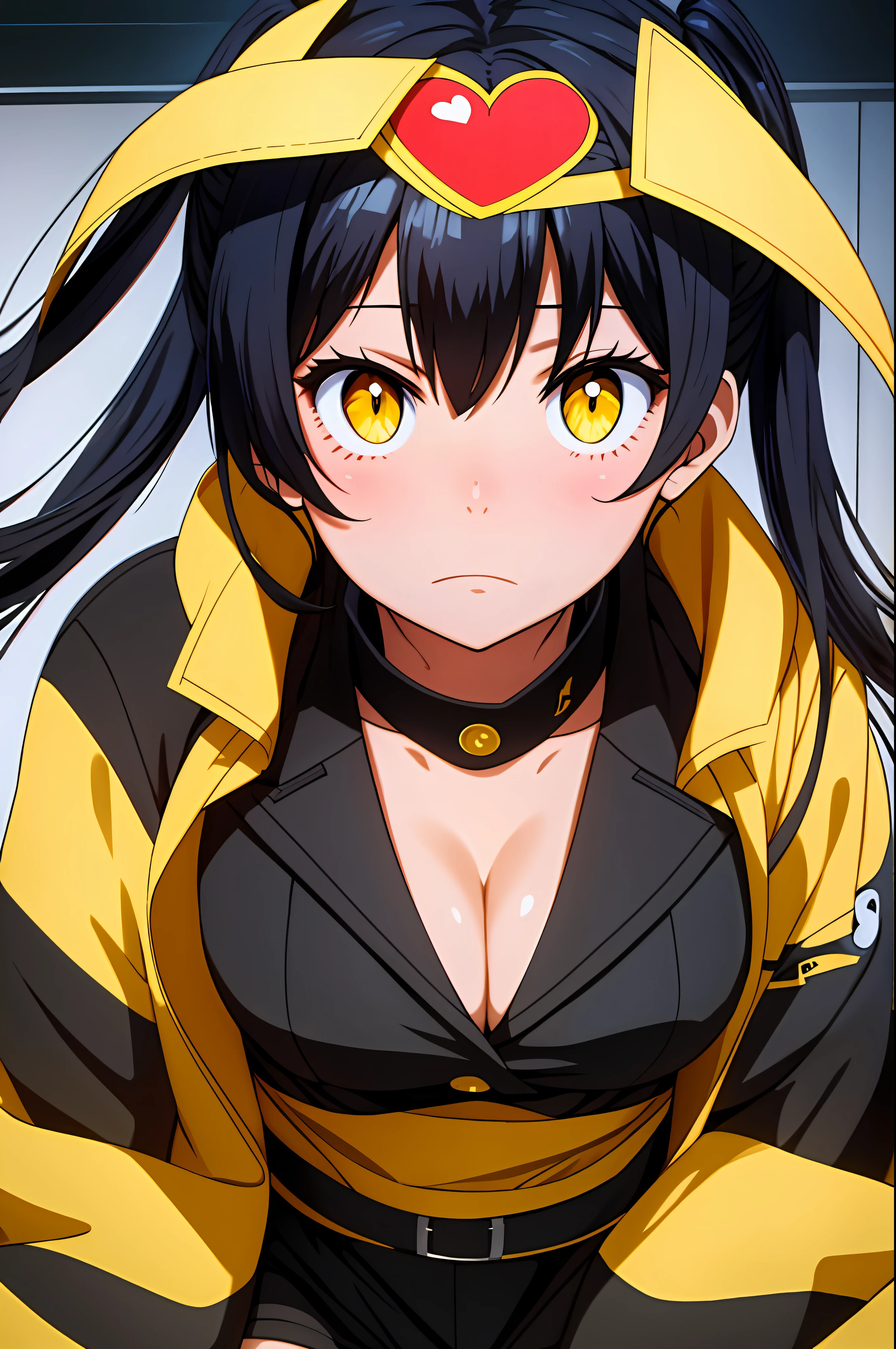 (tamaki kotatsu), Sexy, from above, facing viewer, face close up, cleavage, yellow eyes, black hair, twintail, busty, solid background, full body, 8k, absurd quality, beautiful face, hands out of frame,absurd res, high res, (masterpiece:1.4), ultra-detailed, 1girl, from front, jumping, stockings, black hair, heart shape eyes, yellow eyes, garter belt, yandere, twintail