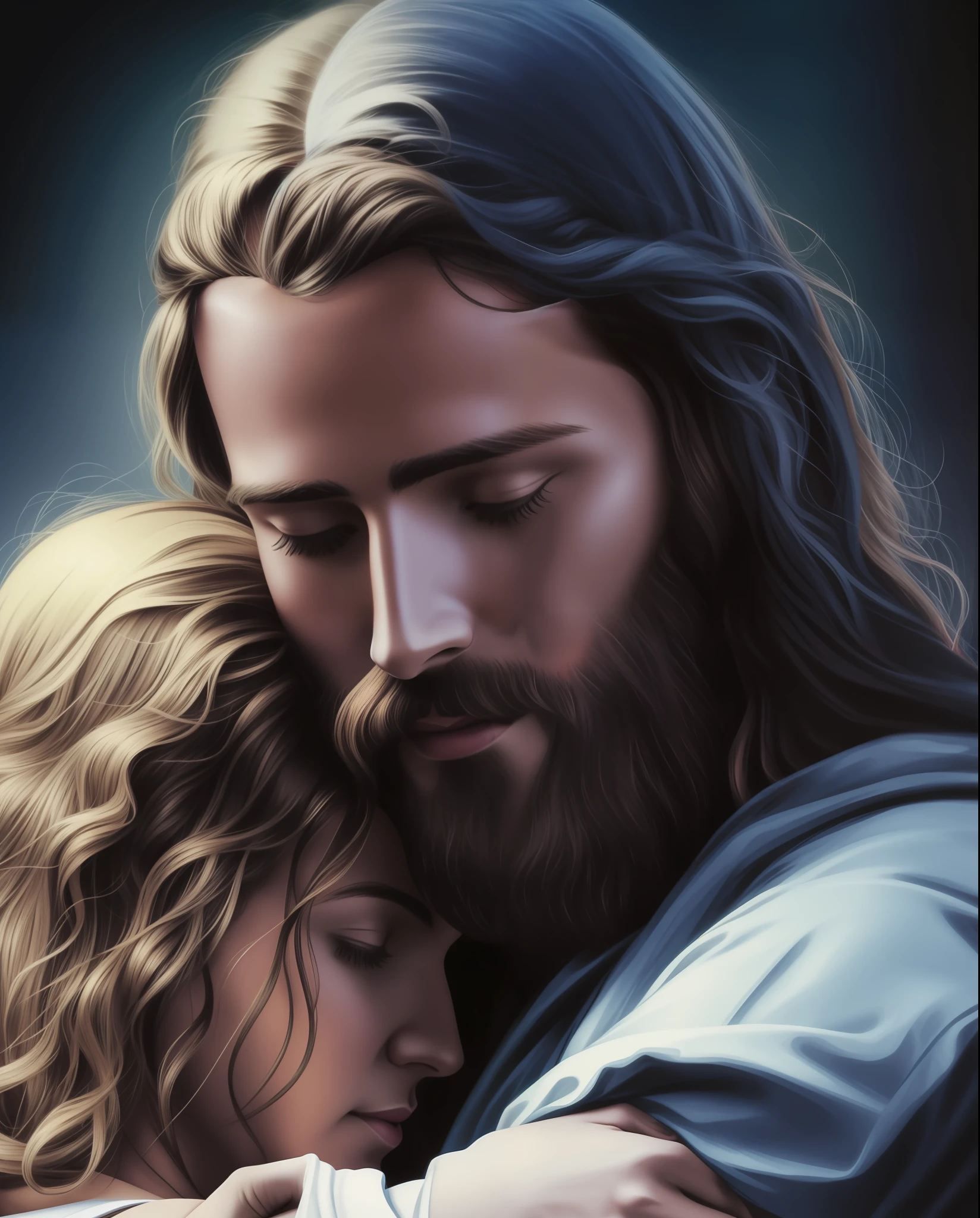 Jesus Christ fraternally embracing a woman.