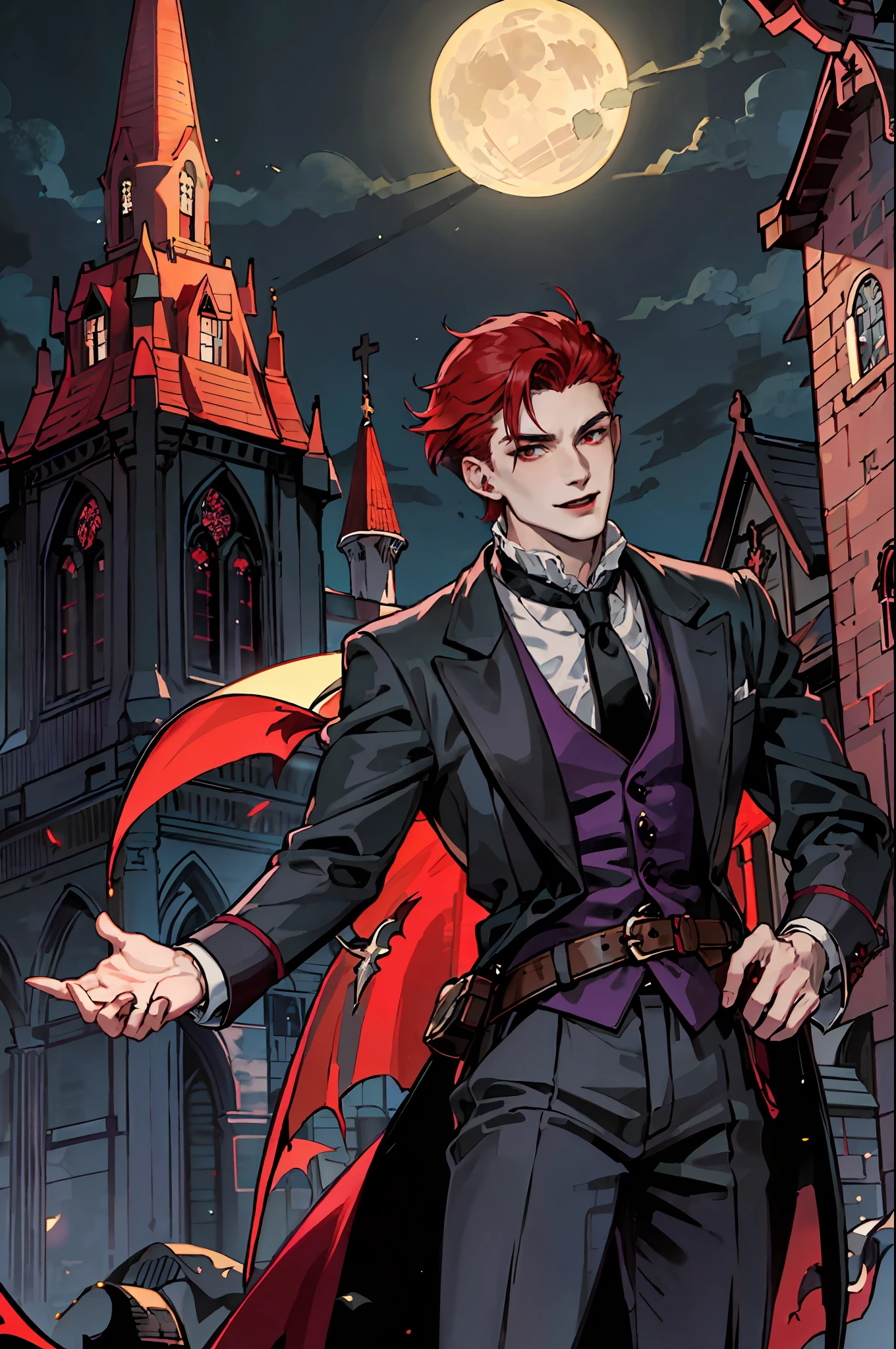 This is what a real Vampire looks like! Antique vampire clothes, elegant, gentlemanly. He is smiling friendly, his red hair is vivid, his red eyes shine against his perfect skin. In the background a purple church window, with moonlight reflecting behind. All this is in a beautiful and dark light, which makes it look amazing。 (High quality: 1.2, Church at night: 1.5, Antique Vampire Clothing: 1.4) (((At night))) (Provocative light, mysterious darkness)